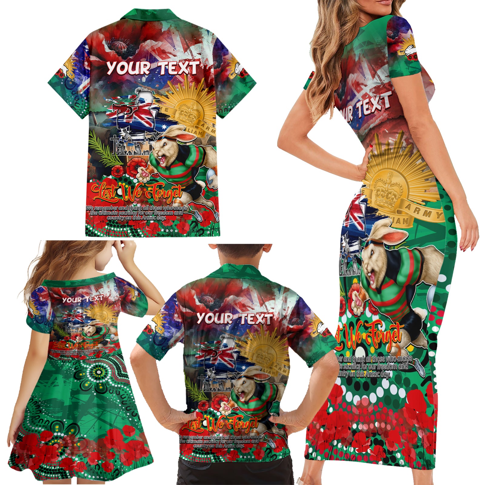 Personalised Australia Rugby Rabbitohs ANZAC Family Matching Short Sleeve Bodycon Dress and Hawaiian Shirt South Sydney Scratch Style