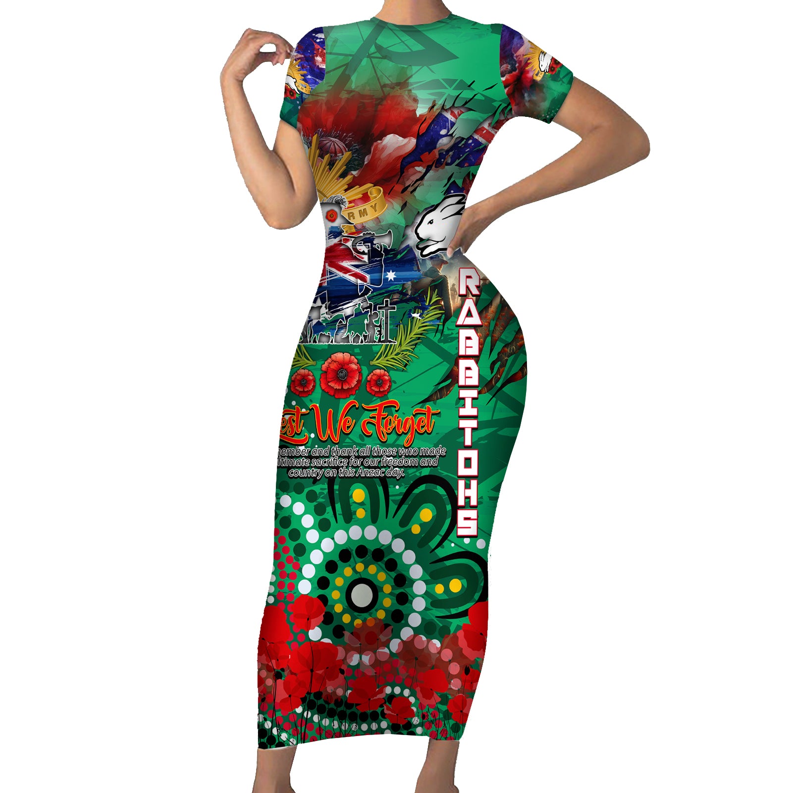 Personalised Australia Rugby Rabbitohs ANZAC Family Matching Short Sleeve Bodycon Dress and Hawaiian Shirt South Sydney Scratch Style