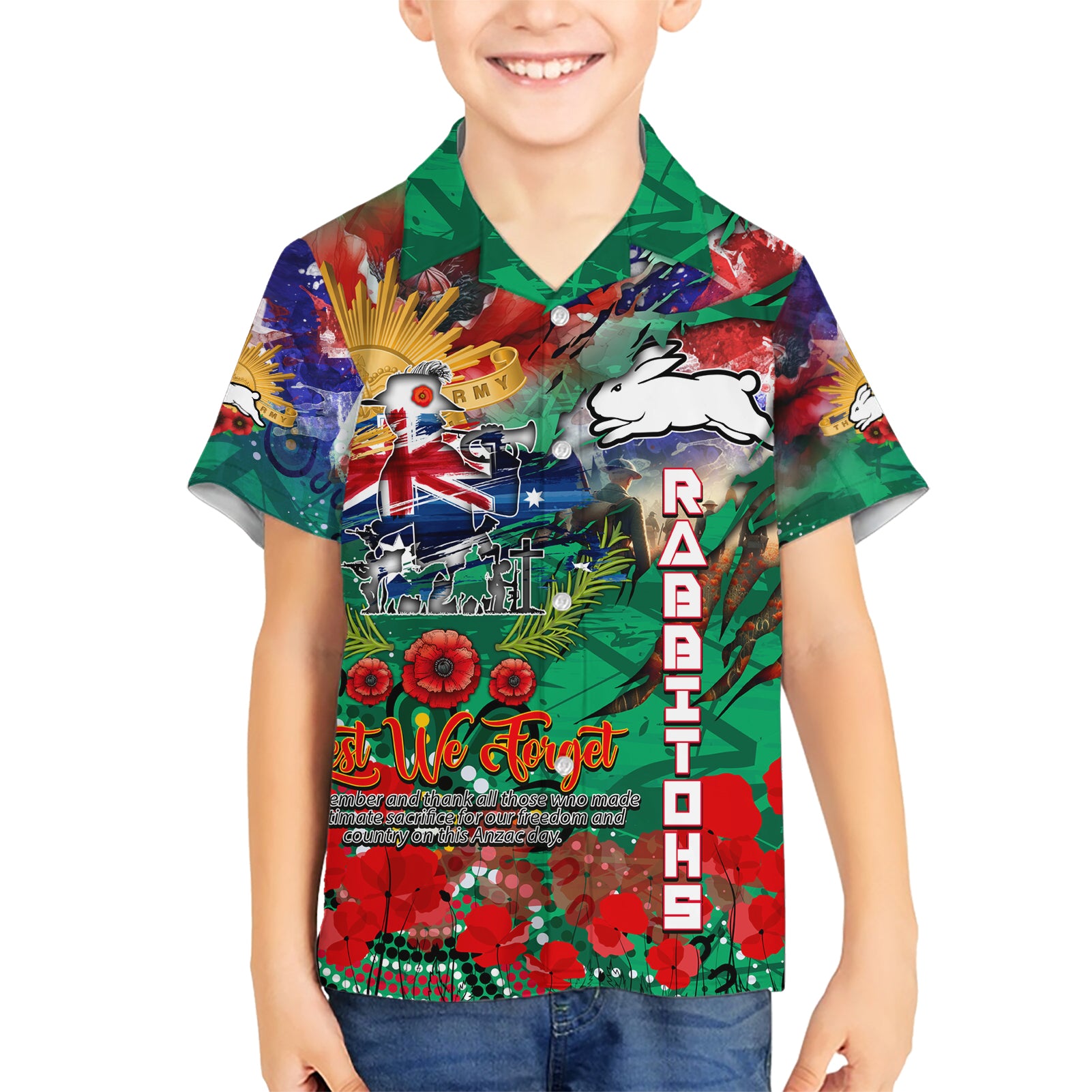 Personalised Australia Rugby Rabbitohs ANZAC Family Matching Short Sleeve Bodycon Dress and Hawaiian Shirt South Sydney Scratch Style