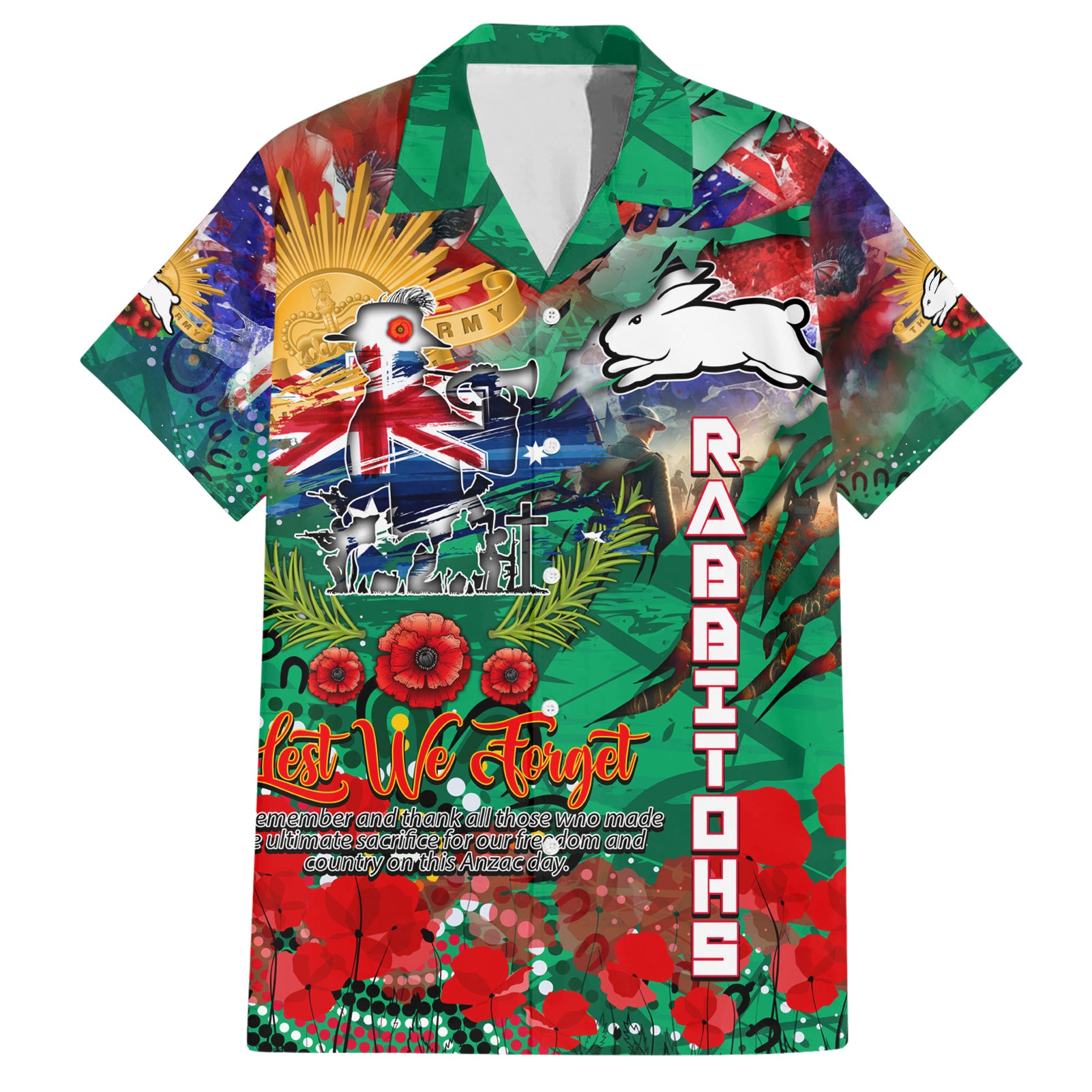 Personalised Australia Rugby Rabbitohs ANZAC Hawaiian Shirt South Sydney Scratch Style - Vibe Hoodie Shop