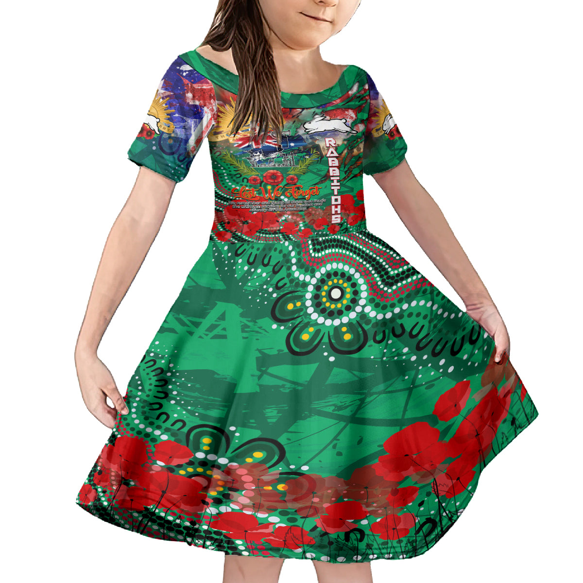Personalised Australia Rugby Rabbitohs ANZAC Kid Short Sleeve Dress South Sydney Scratch Style - Vibe Hoodie Shop