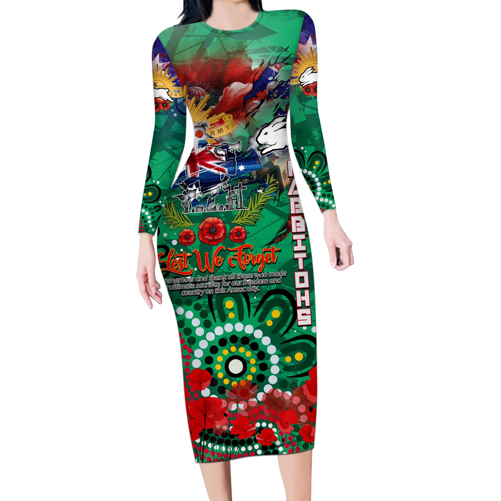 Personalised Australia Rugby Rabbitohs ANZAC Long Sleeve Bodycon Dress South Sydney Scratch Style