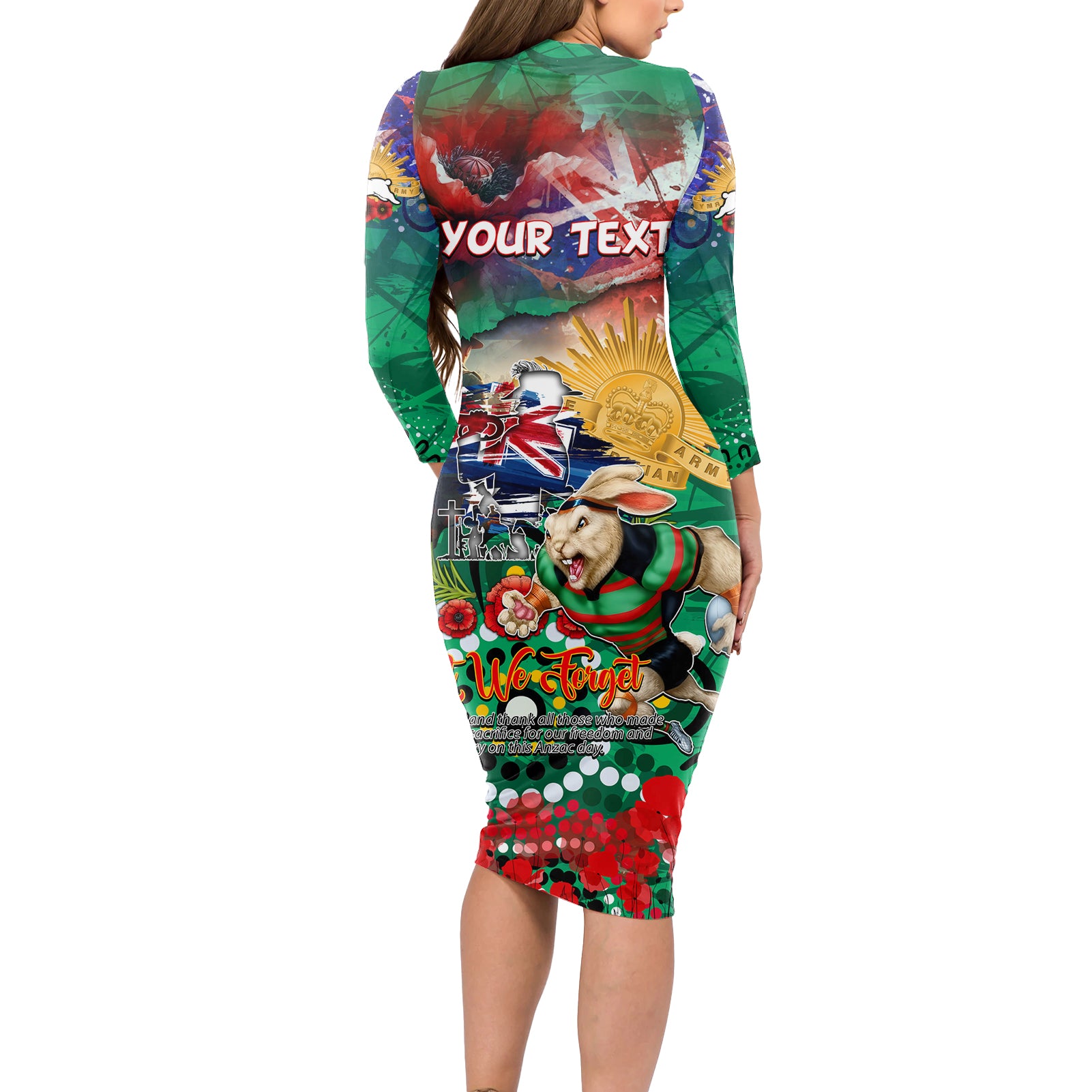 Personalised Australia Rugby Rabbitohs ANZAC Long Sleeve Bodycon Dress South Sydney Scratch Style