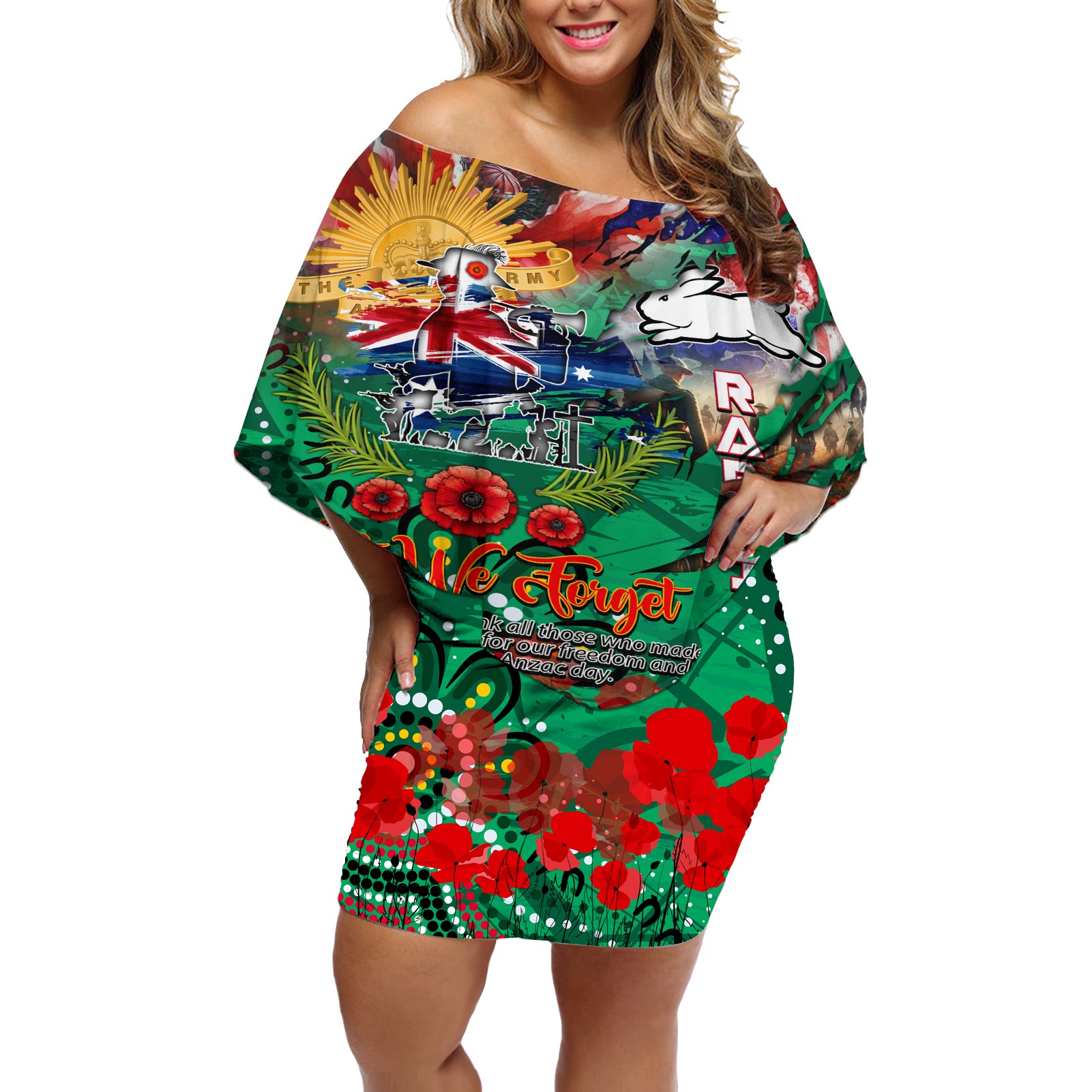 Personalised Australia Rugby Rabbitohs ANZAC Off Shoulder Short Dress South Sydney Scratch Style