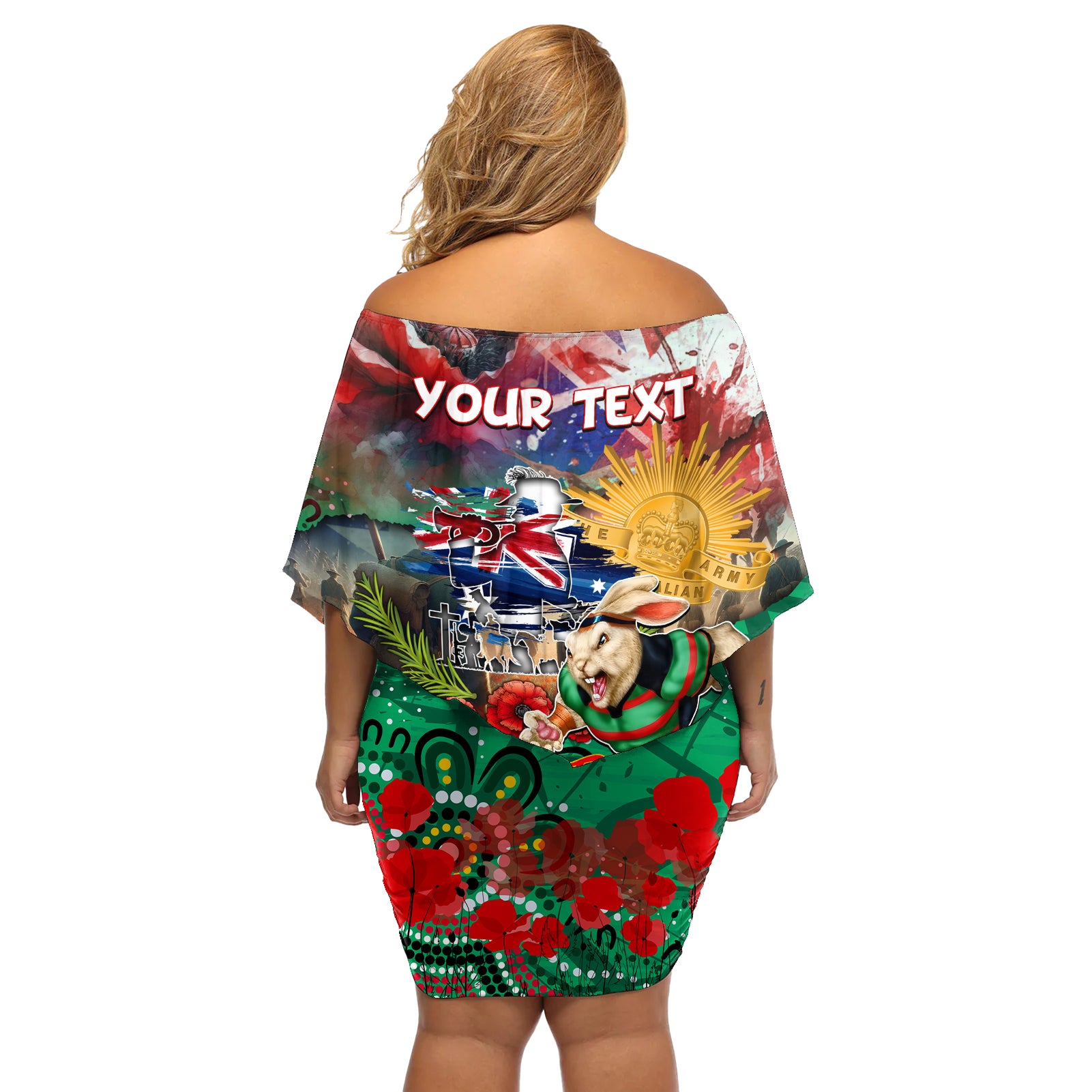 Personalised Australia Rugby Rabbitohs ANZAC Off Shoulder Short Dress South Sydney Scratch Style