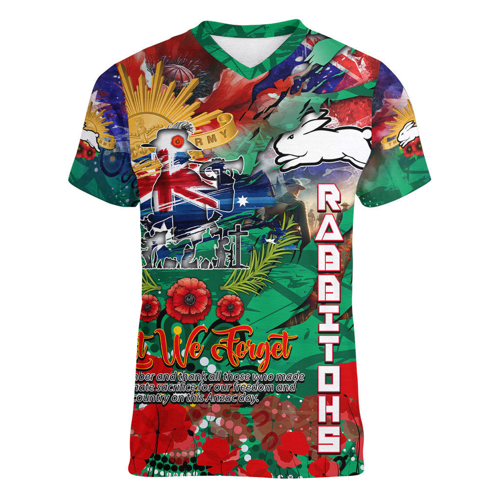 Personalised Australia Rugby Rabbitohs ANZAC Women V Neck T Shirt South Sydney Scratch Style - Vibe Hoodie Shop