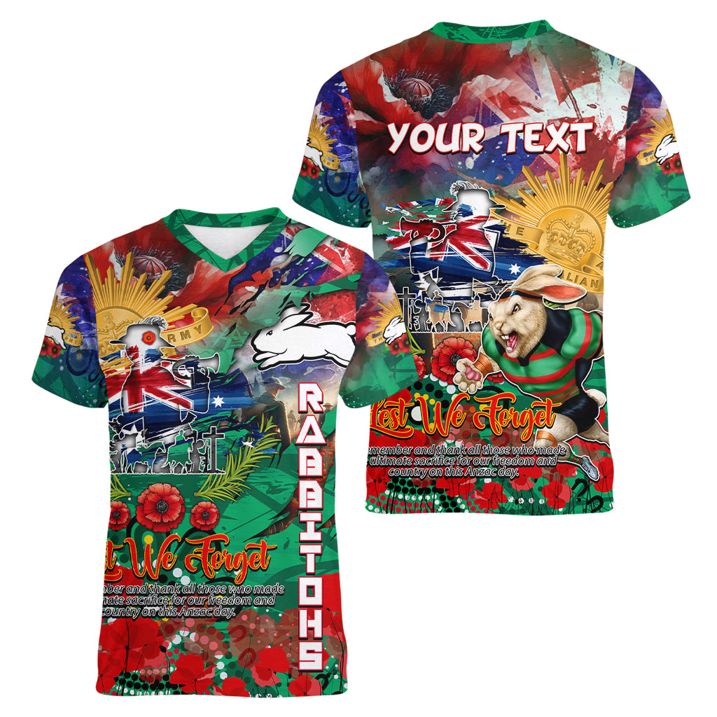 Personalised Australia Rugby Rabbitohs ANZAC Women V Neck T Shirt South Sydney Scratch Style - Vibe Hoodie Shop