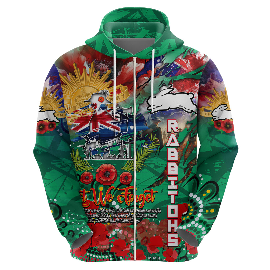 Personalised Australia Rugby Rabbitohs ANZAC Zip Hoodie South Sydney Scratch Style - Vibe Hoodie Shop
