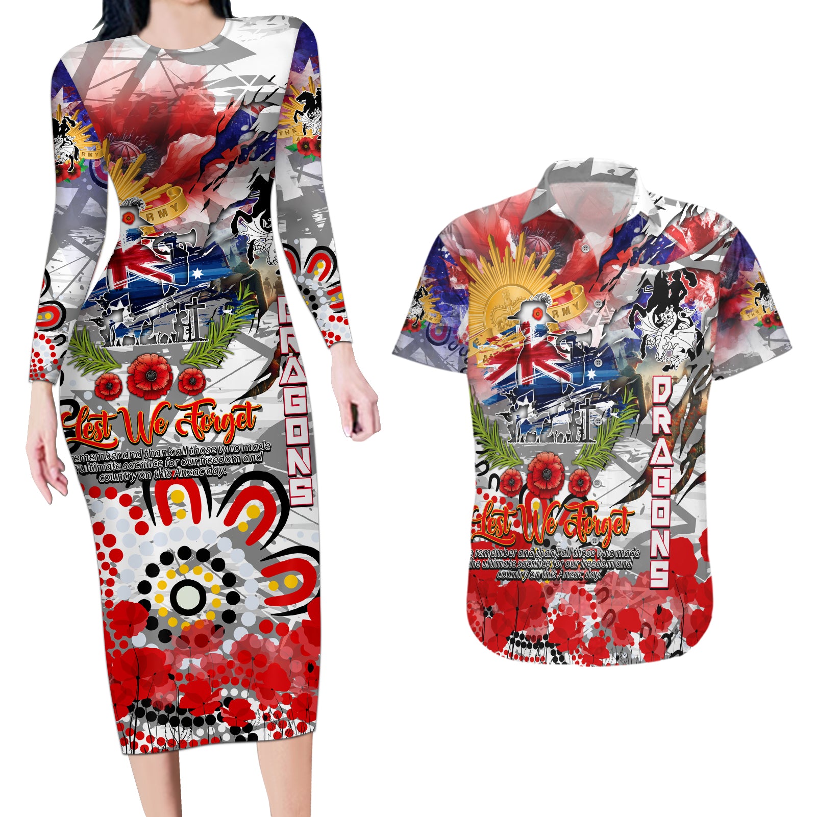 Personalised Australia Rugby Dragons ANZAC Couples Matching Long Sleeve Bodycon Dress and Hawaiian Shirt St George Illawarra Scratch Style