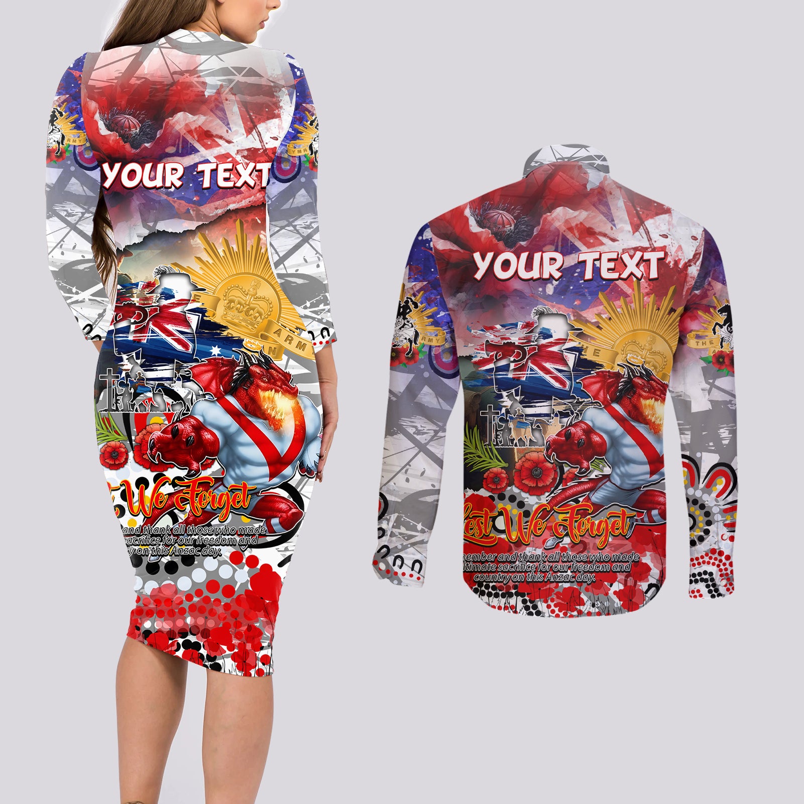Personalised Australia Rugby Dragons ANZAC Couples Matching Long Sleeve Bodycon Dress and Long Sleeve Button Shirt St George Illawarra Scratch Style