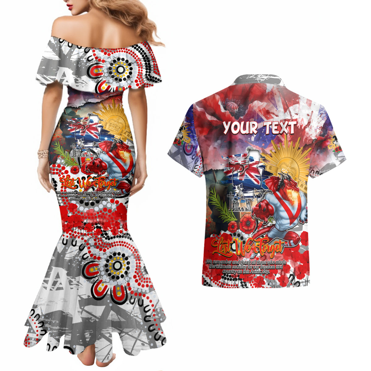 Personalised Australia Rugby Dragons ANZAC Couples Matching Mermaid Dress and Hawaiian Shirt St George Illawarra Scratch Style