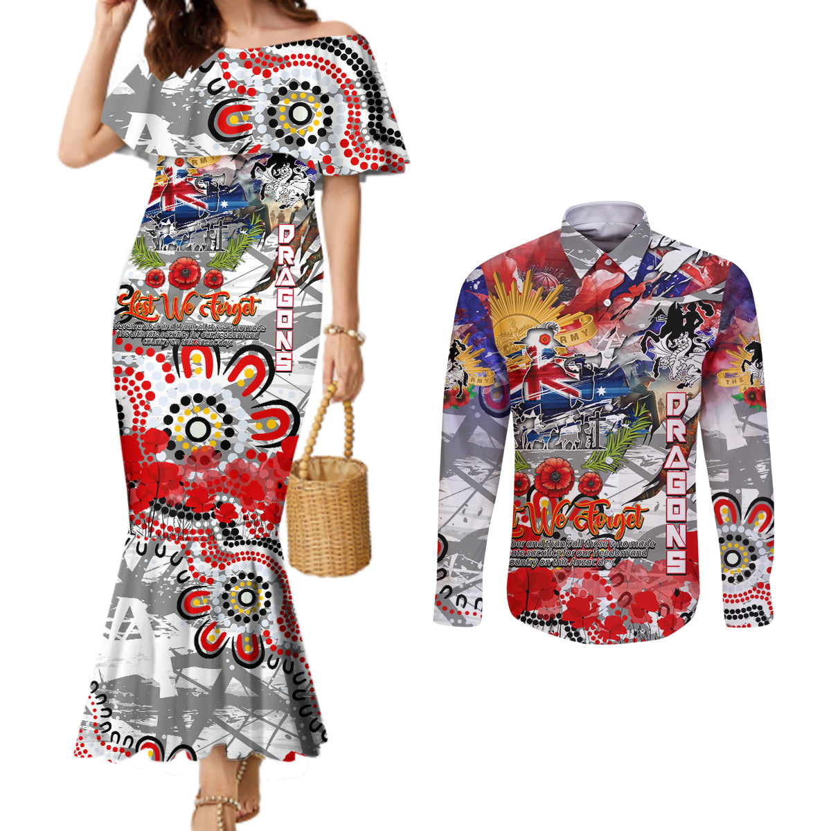 Personalised Australia Rugby Dragons ANZAC Couples Matching Mermaid Dress and Long Sleeve Button Shirt St George Illawarra Scratch Style