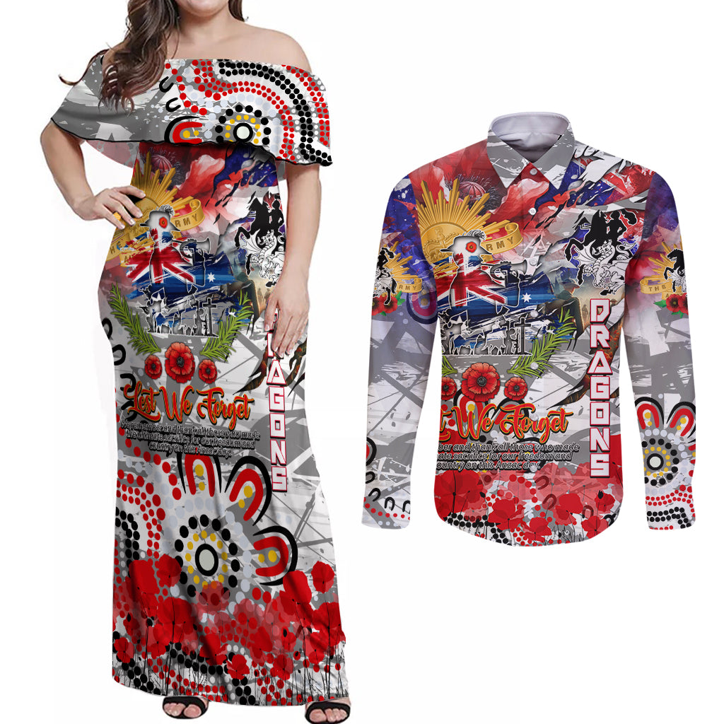 Personalised Australia Rugby Dragons ANZAC Couples Matching Off Shoulder Maxi Dress and Long Sleeve Button Shirt St George Illawarra Scratch Style