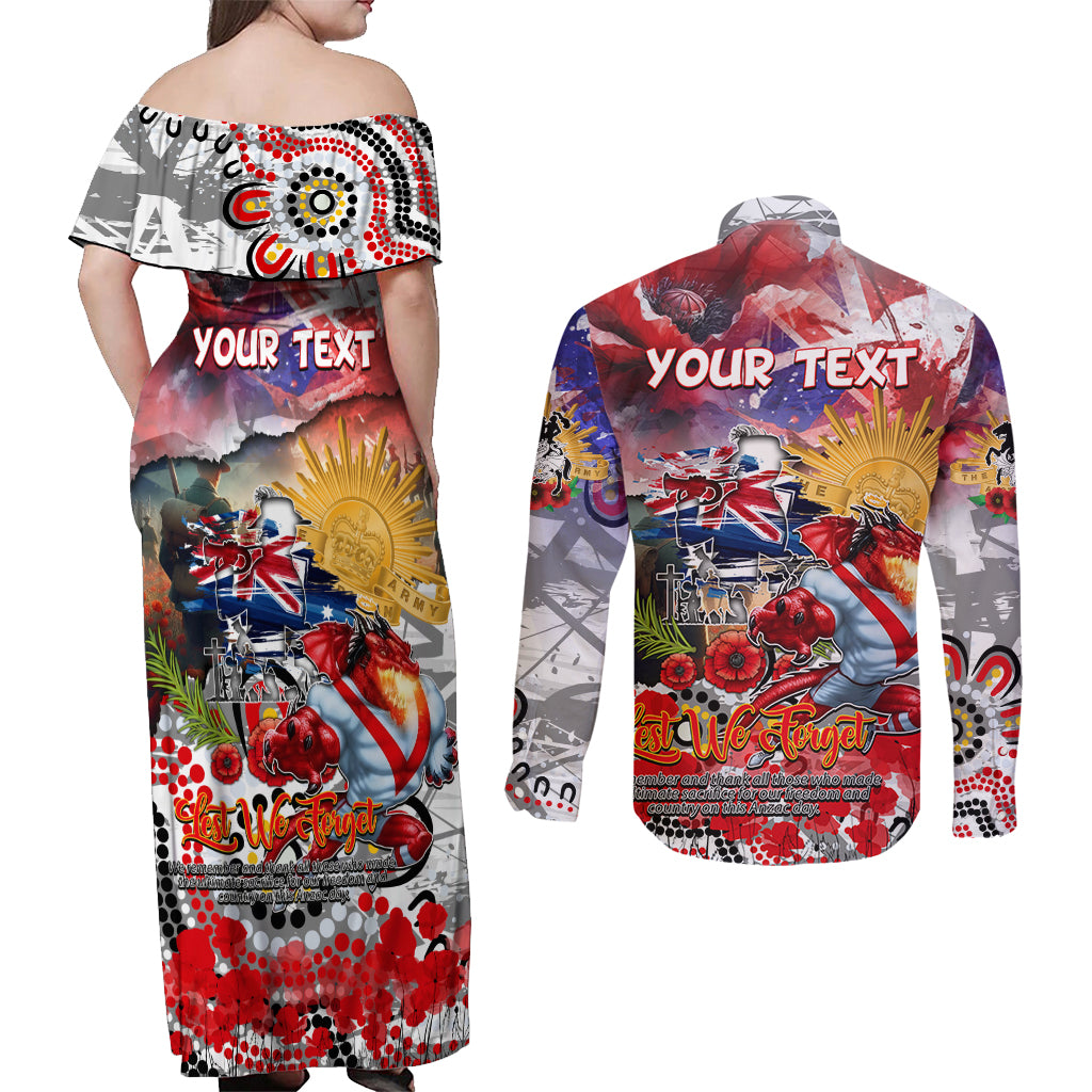 Personalised Australia Rugby Dragons ANZAC Couples Matching Off Shoulder Maxi Dress and Long Sleeve Button Shirt St George Illawarra Scratch Style