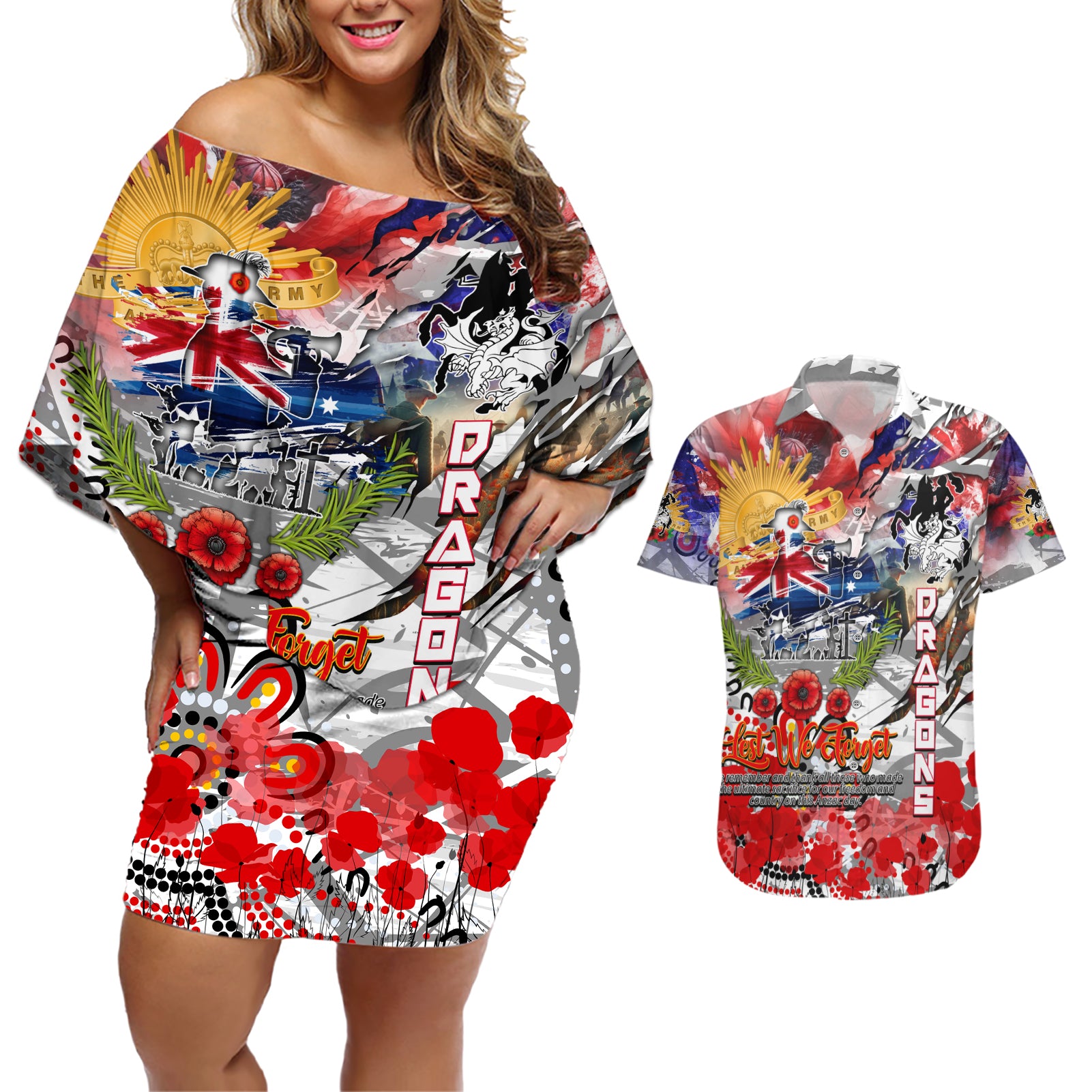 Personalised Australia Rugby Dragons ANZAC Couples Matching Off Shoulder Short Dress and Hawaiian Shirt St George Illawarra Scratch Style