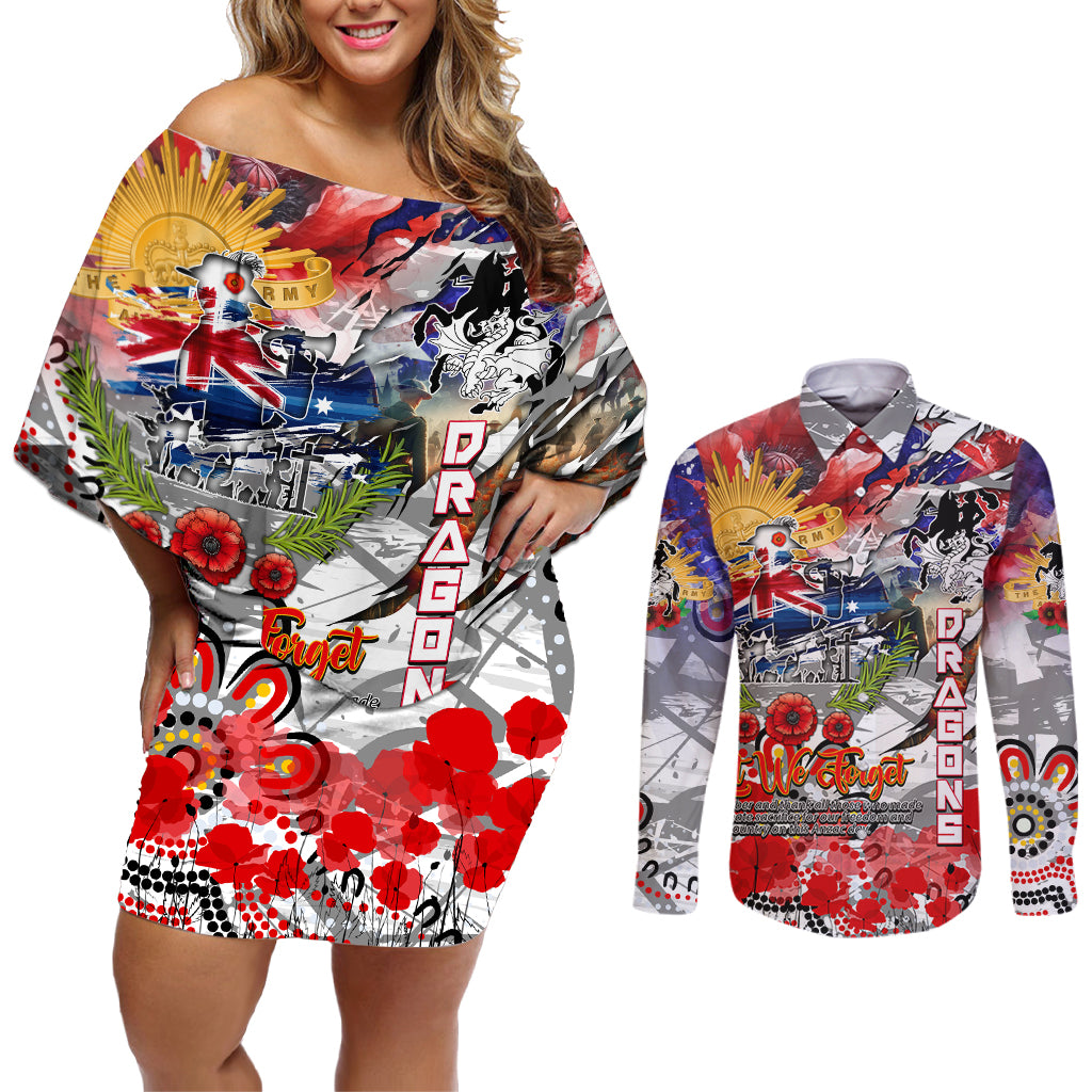 Personalised Australia Rugby Dragons ANZAC Couples Matching Off Shoulder Short Dress and Long Sleeve Button Shirt St George Illawarra Scratch Style