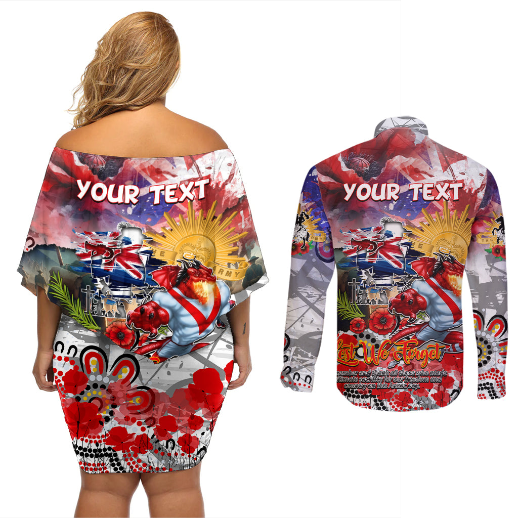Personalised Australia Rugby Dragons ANZAC Couples Matching Off Shoulder Short Dress and Long Sleeve Button Shirt St George Illawarra Scratch Style