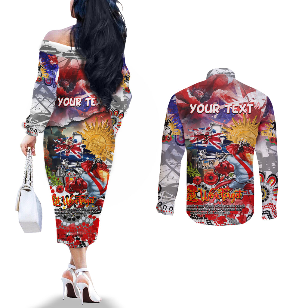 Personalised Australia Rugby Dragons ANZAC Couples Matching Off The Shoulder Long Sleeve Dress and Long Sleeve Button Shirt St George Illawarra Scratch Style