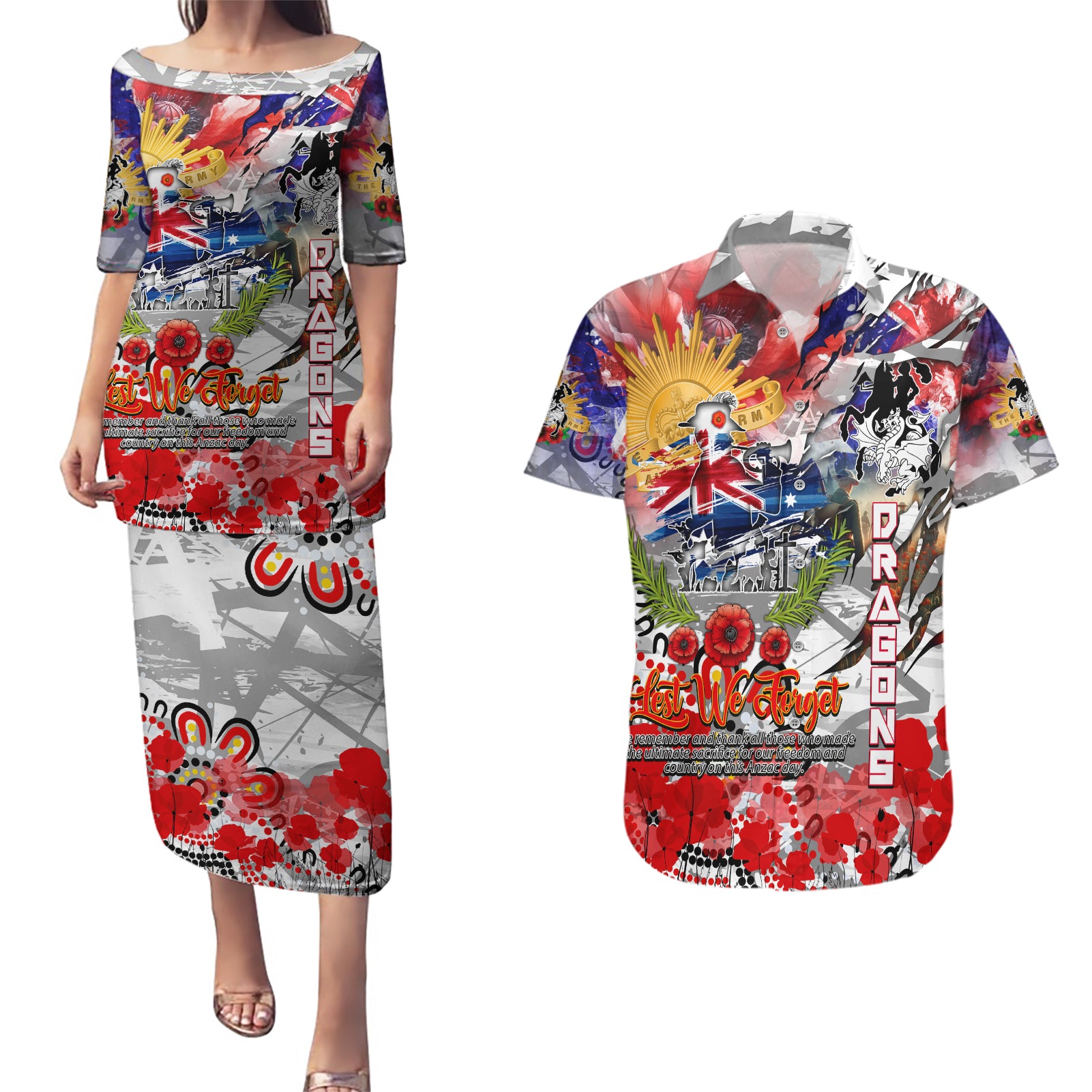 Personalised Australia Rugby Dragons ANZAC Couples Matching Puletasi and Hawaiian Shirt St George Illawarra Scratch Style