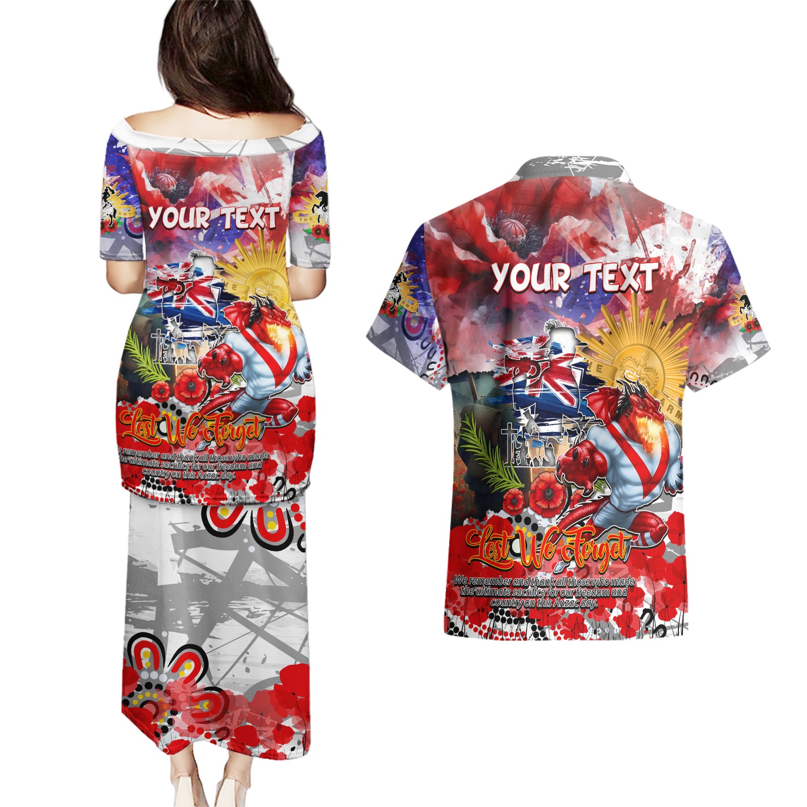 Personalised Australia Rugby Dragons ANZAC Couples Matching Puletasi and Hawaiian Shirt St George Illawarra Scratch Style