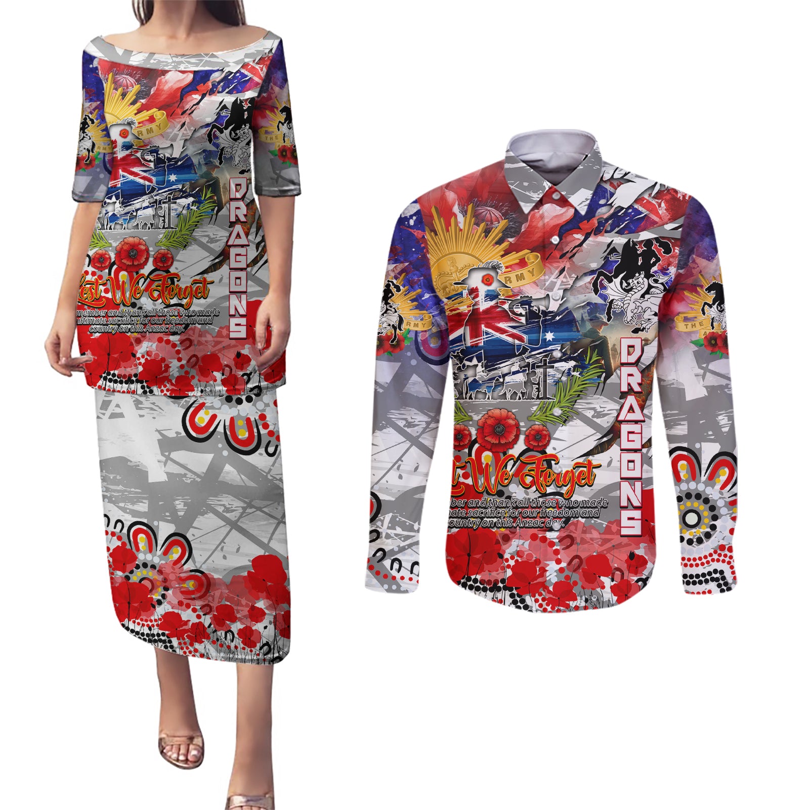 Personalised Australia Rugby Dragons ANZAC Couples Matching Puletasi and Long Sleeve Button Shirt St George Illawarra Scratch Style