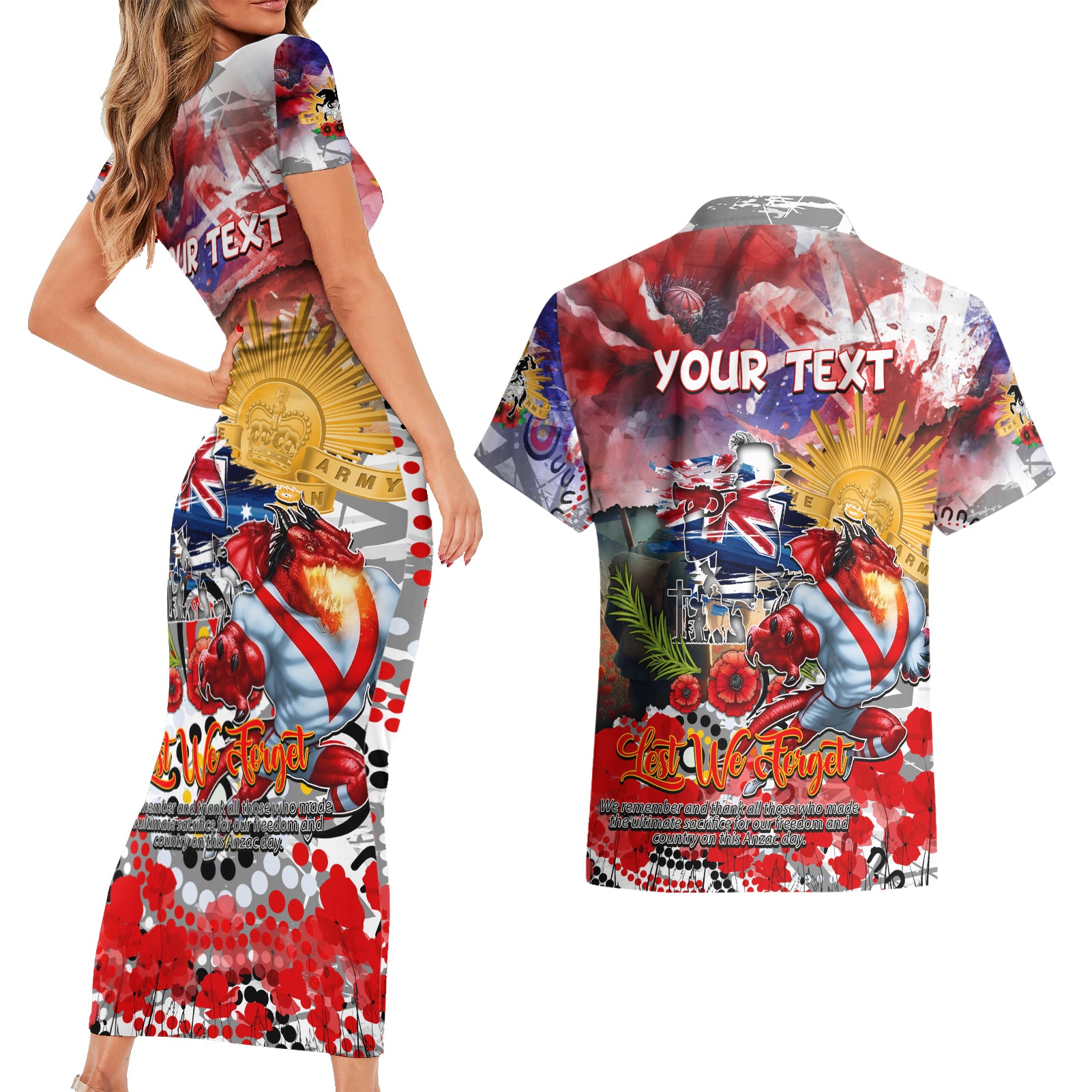 Personalised Australia Rugby Dragons ANZAC Couples Matching Short Sleeve Bodycon Dress and Hawaiian Shirt St George Illawarra Scratch Style