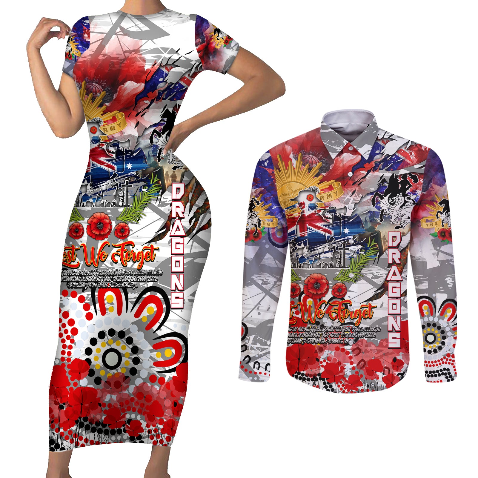 Personalised Australia Rugby Dragons ANZAC Couples Matching Short Sleeve Bodycon Dress and Long Sleeve Button Shirt St George Illawarra Scratch Style