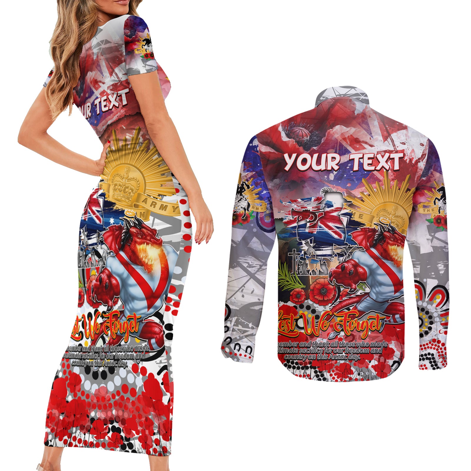 Personalised Australia Rugby Dragons ANZAC Couples Matching Short Sleeve Bodycon Dress and Long Sleeve Button Shirt St George Illawarra Scratch Style