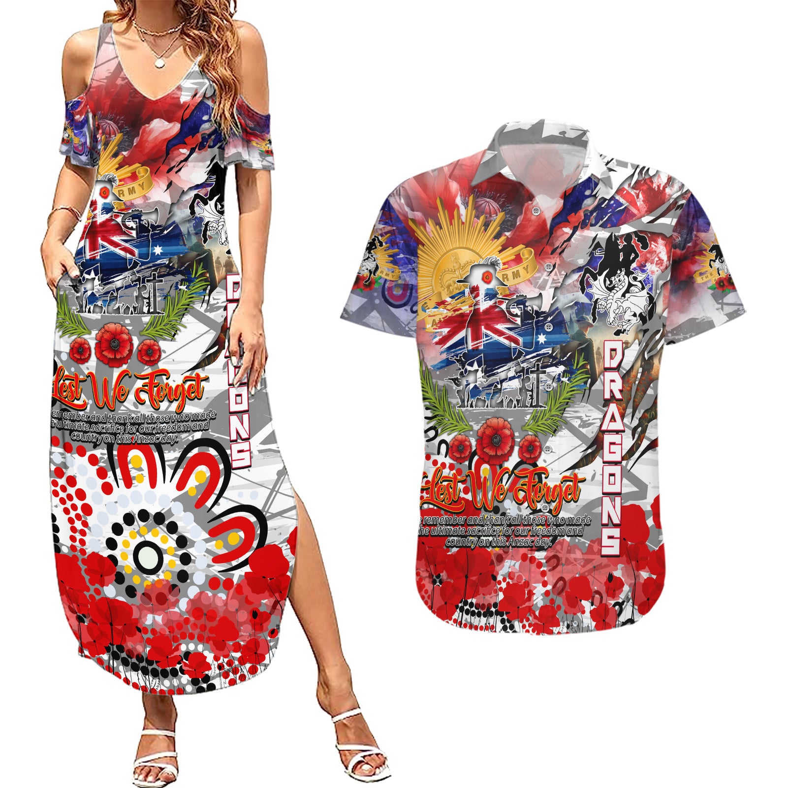 Personalised Australia Rugby Dragons ANZAC Couples Matching Summer Maxi Dress and Hawaiian Shirt St George Illawarra Scratch Style