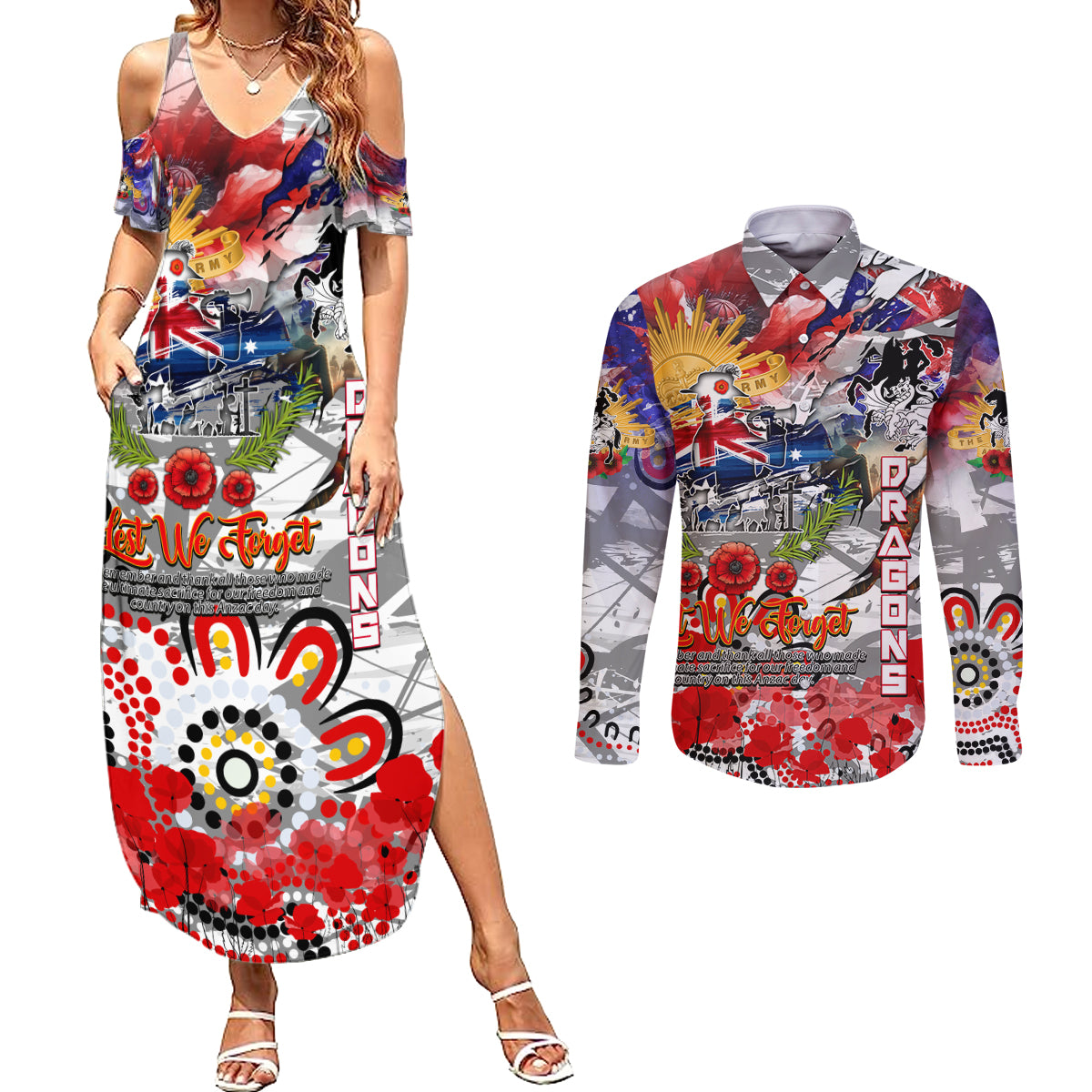 Personalised Australia Rugby Dragons ANZAC Couples Matching Summer Maxi Dress and Long Sleeve Button Shirt St George Illawarra Scratch Style