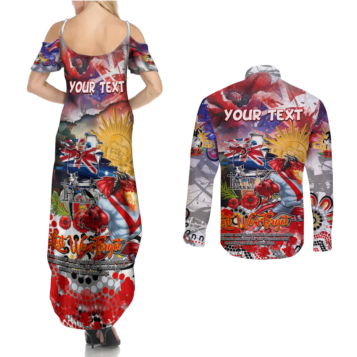 Personalised Australia Rugby Dragons ANZAC Couples Matching Summer Maxi Dress and Long Sleeve Button Shirt St George Illawarra Scratch Style