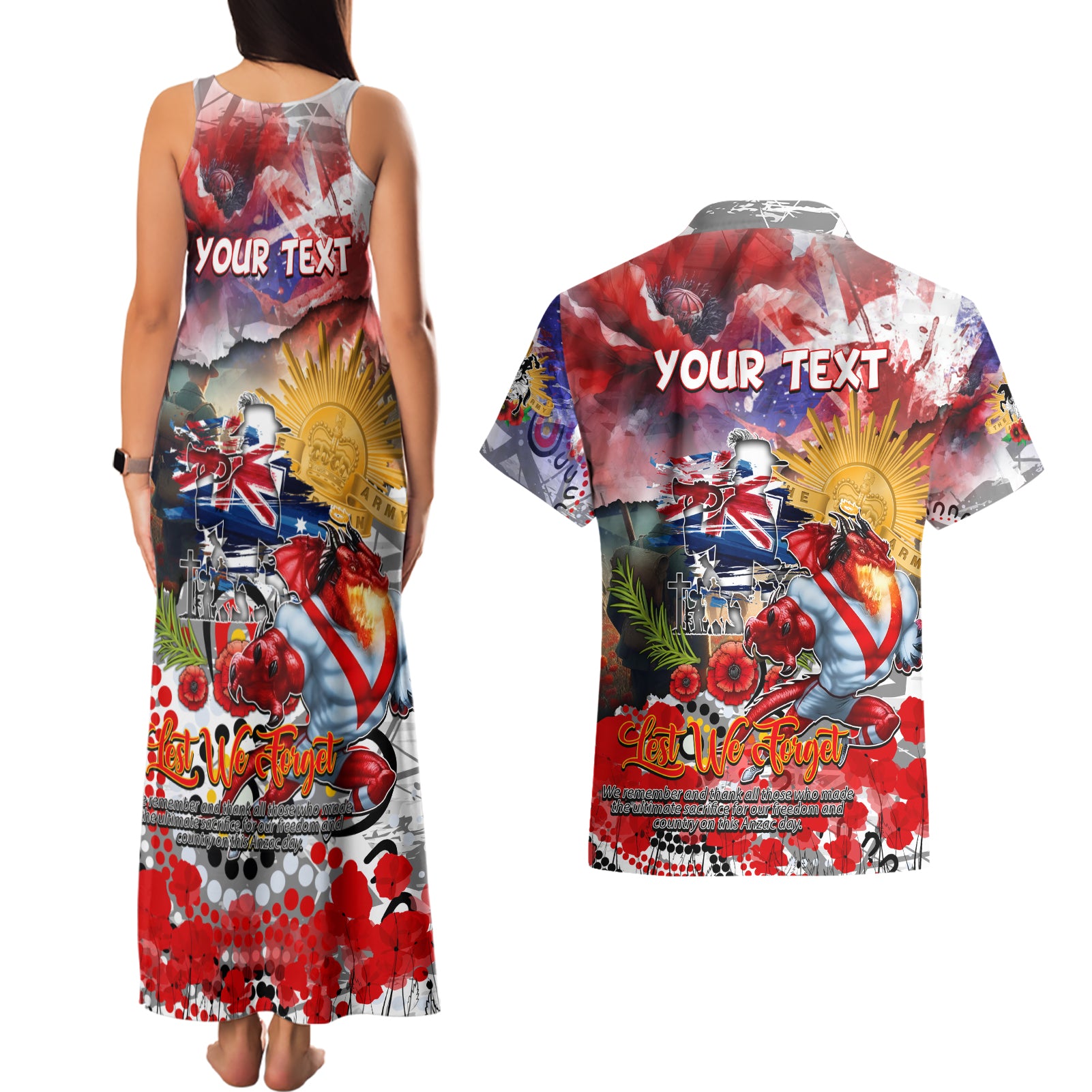 Personalised Australia Rugby Dragons ANZAC Couples Matching Tank Maxi Dress and Hawaiian Shirt St George Illawarra Scratch Style