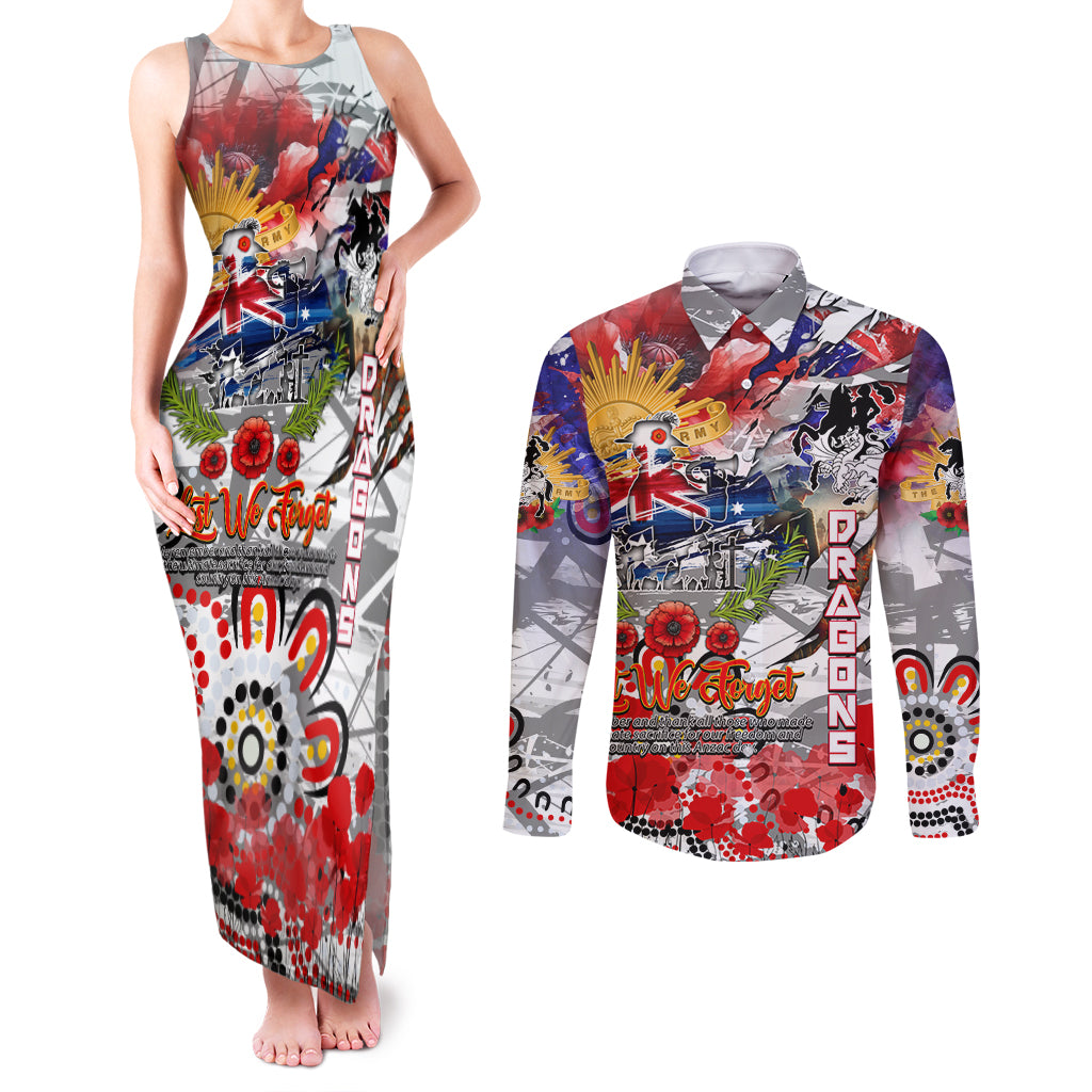 Personalised Australia Rugby Dragons ANZAC Couples Matching Tank Maxi Dress and Long Sleeve Button Shirt St George Illawarra Scratch Style