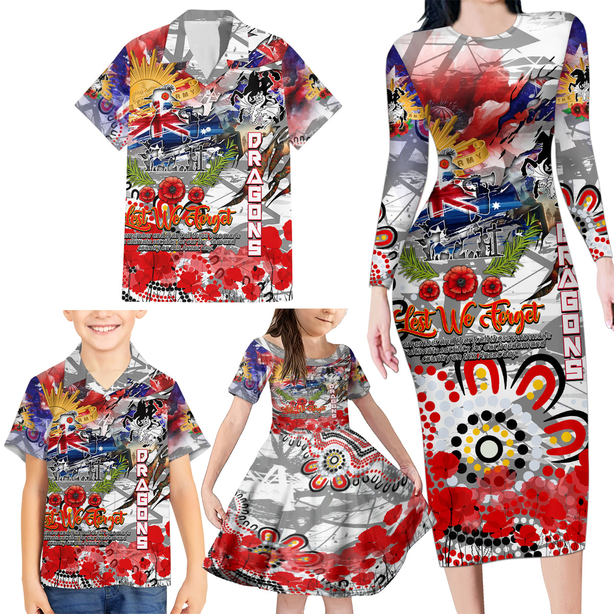 Personalised Australia Rugby Dragons ANZAC Family Matching Long Sleeve Bodycon Dress and Hawaiian Shirt St George Illawarra Scratch Style