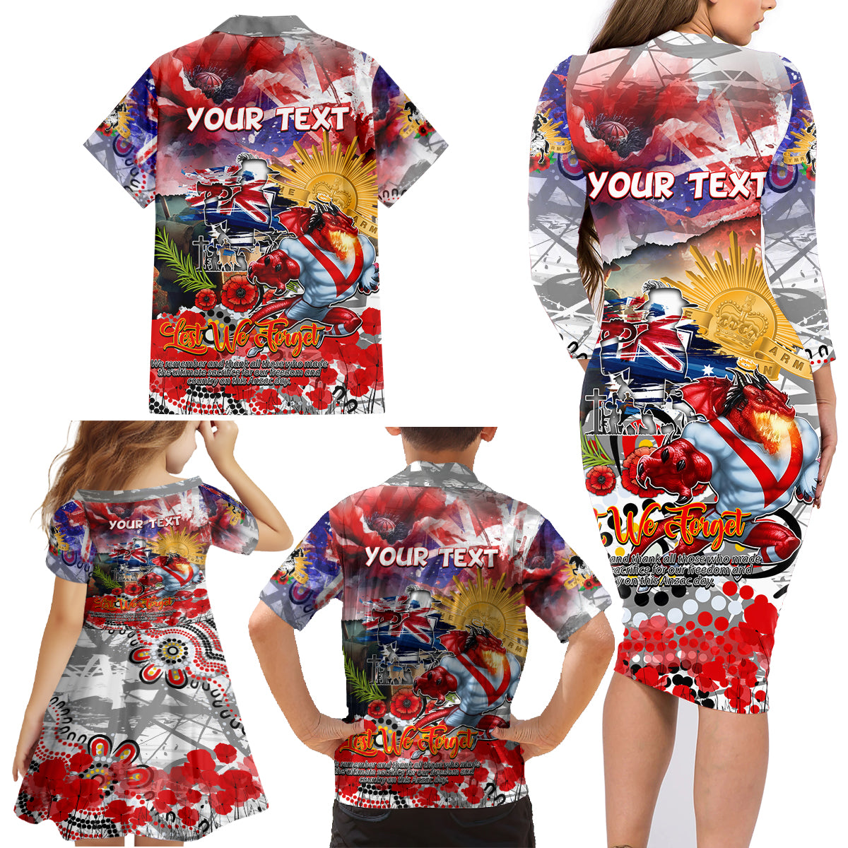 Personalised Australia Rugby Dragons ANZAC Family Matching Long Sleeve Bodycon Dress and Hawaiian Shirt St George Illawarra Scratch Style