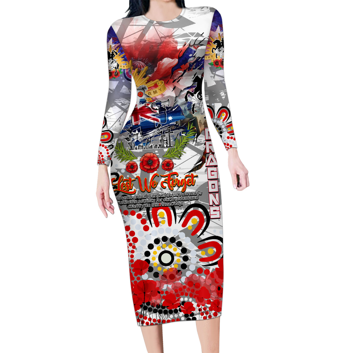 Personalised Australia Rugby Dragons ANZAC Family Matching Long Sleeve Bodycon Dress and Hawaiian Shirt St George Illawarra Scratch Style