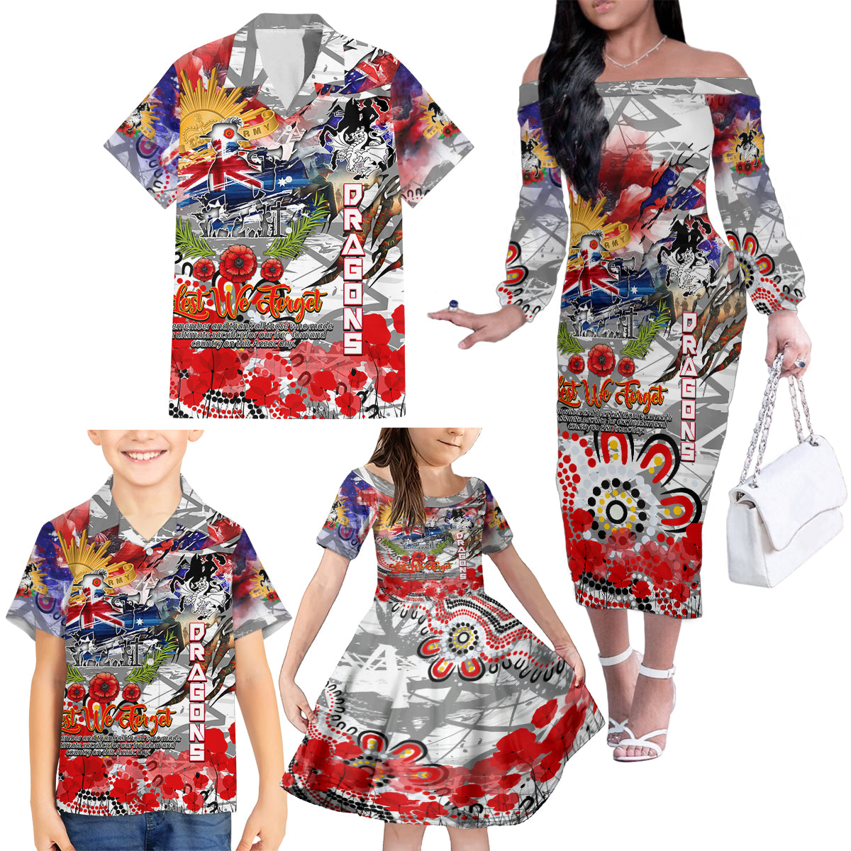 Personalised Australia Rugby Dragons ANZAC Family Matching Off The Shoulder Long Sleeve Dress and Hawaiian Shirt St George Illawarra Scratch Style