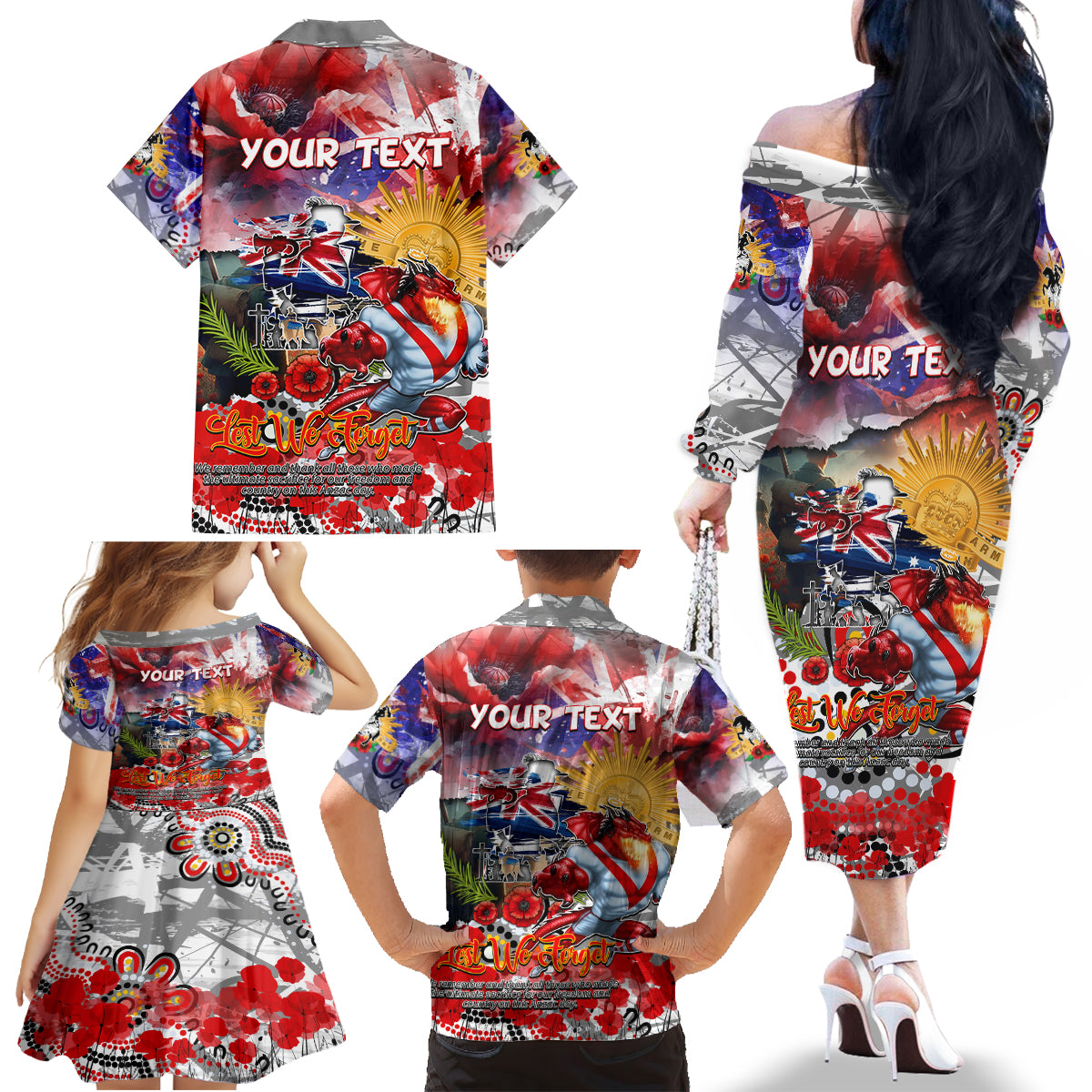 Personalised Australia Rugby Dragons ANZAC Family Matching Off The Shoulder Long Sleeve Dress and Hawaiian Shirt St George Illawarra Scratch Style