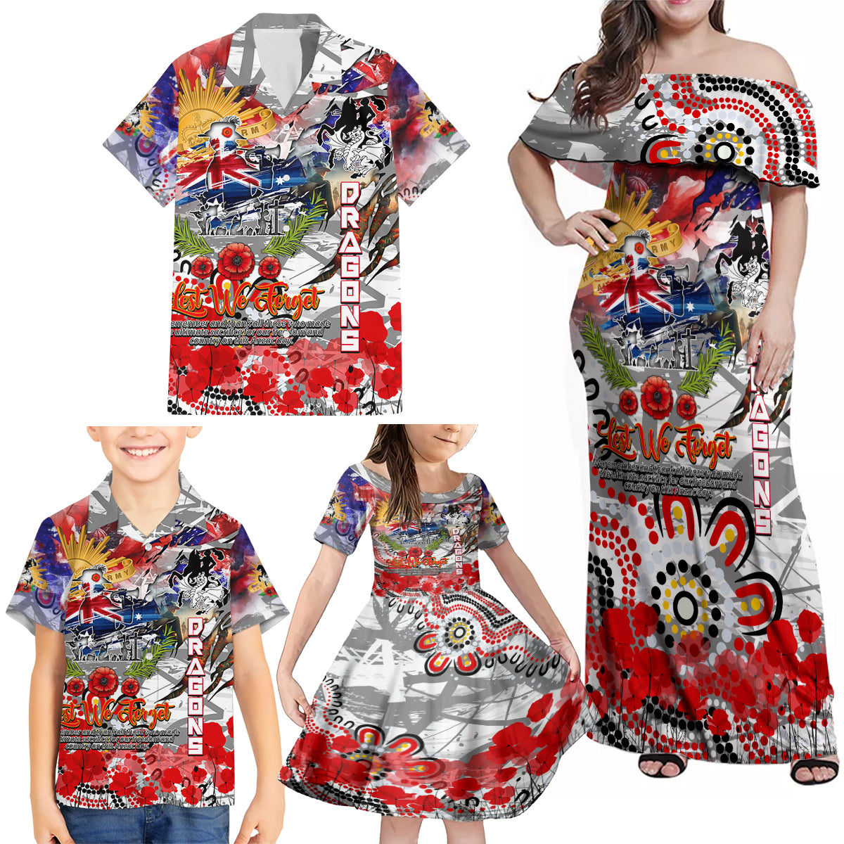 Personalised Australia Rugby Dragons ANZAC Family Matching Off Shoulder Maxi Dress and Hawaiian Shirt St George Illawarra Scratch Style