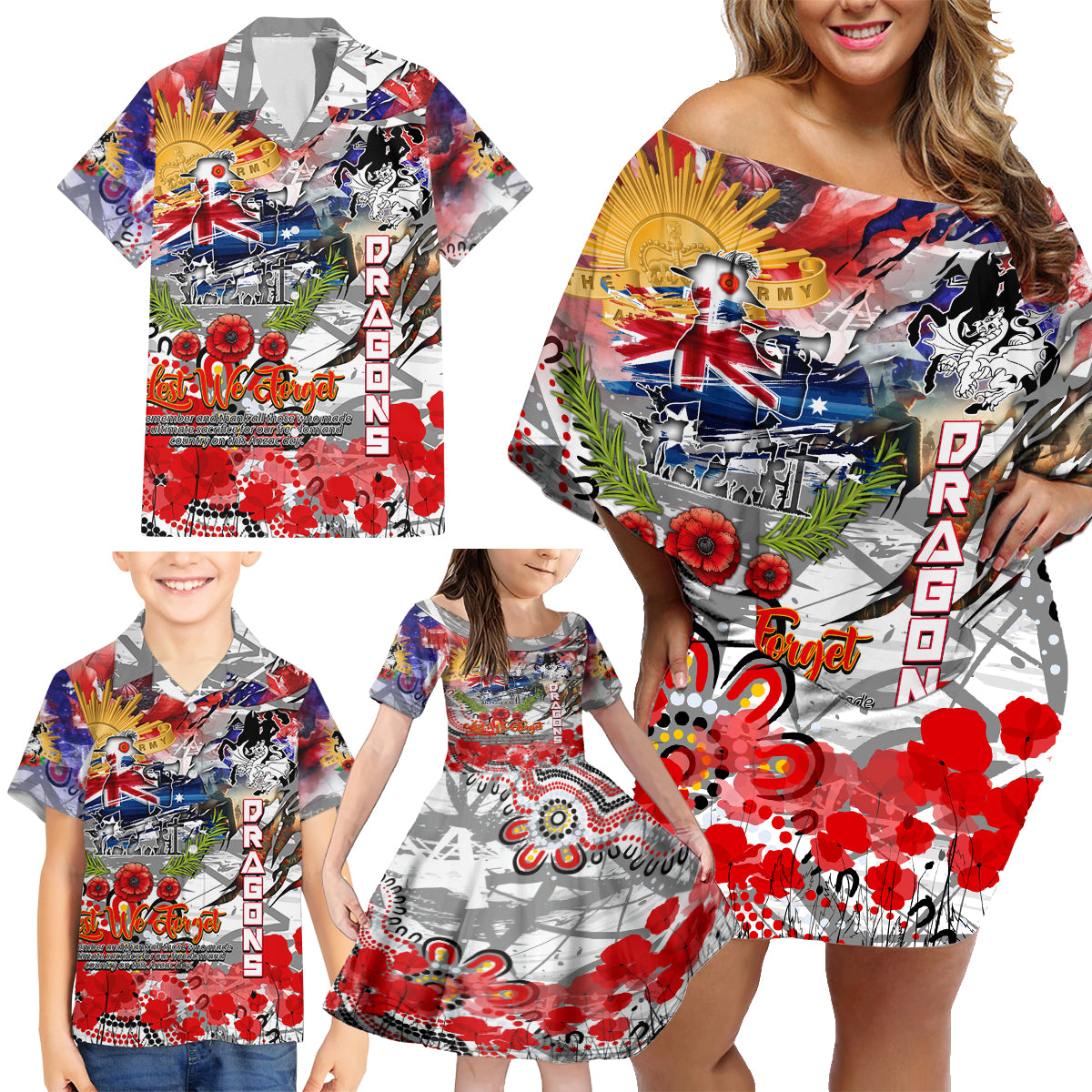 Personalised Australia Rugby Dragons ANZAC Family Matching Off Shoulder Short Dress and Hawaiian Shirt St George Illawarra Scratch Style
