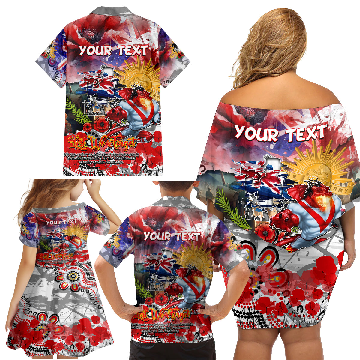 Personalised Australia Rugby Dragons ANZAC Family Matching Off Shoulder Short Dress and Hawaiian Shirt St George Illawarra Scratch Style