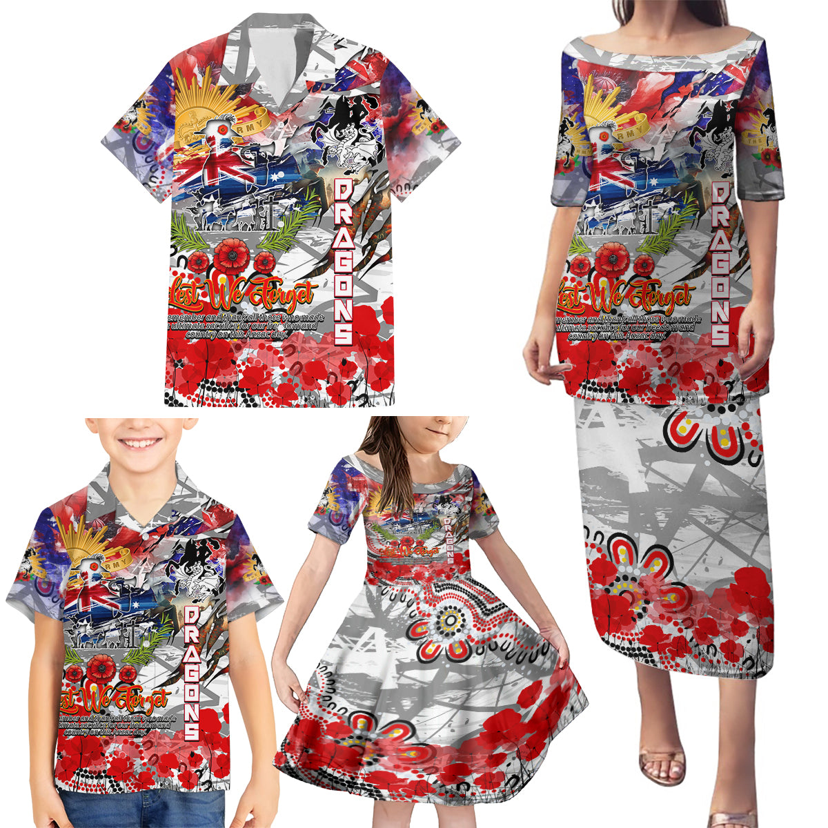Personalised Australia Rugby Dragons ANZAC Family Matching Puletasi and Hawaiian Shirt St George Illawarra Scratch Style