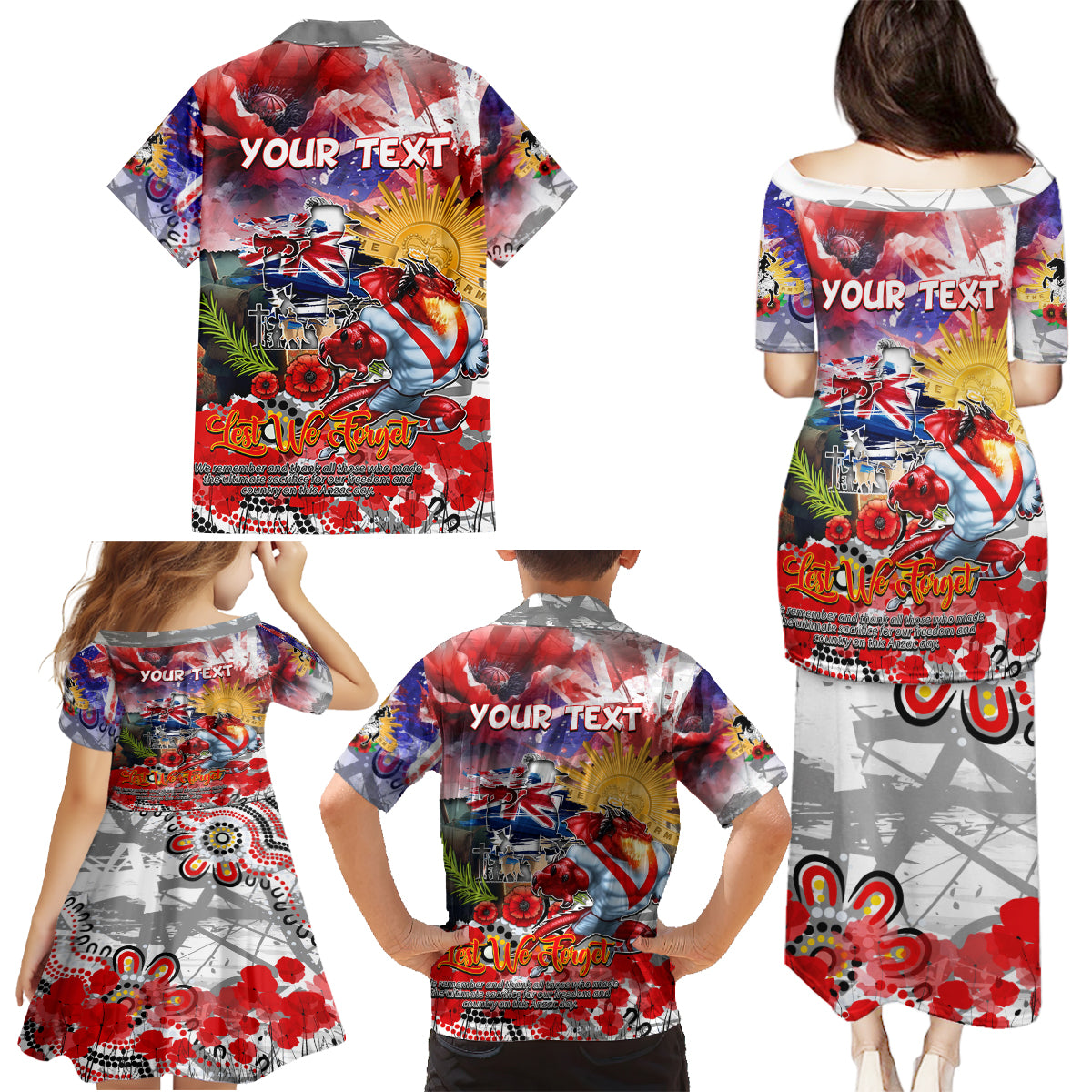 Personalised Australia Rugby Dragons ANZAC Family Matching Puletasi and Hawaiian Shirt St George Illawarra Scratch Style