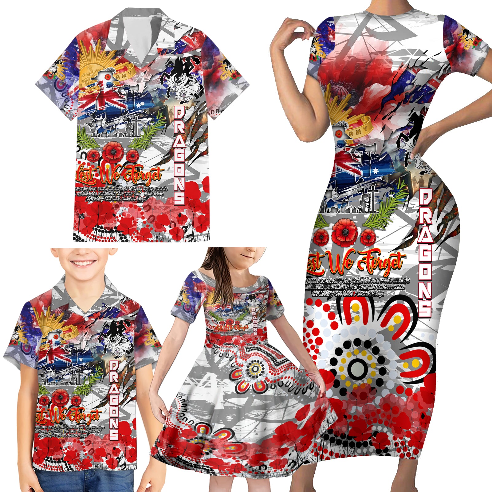Personalised Australia Rugby Dragons ANZAC Family Matching Short Sleeve Bodycon Dress and Hawaiian Shirt St George Illawarra Scratch Style
