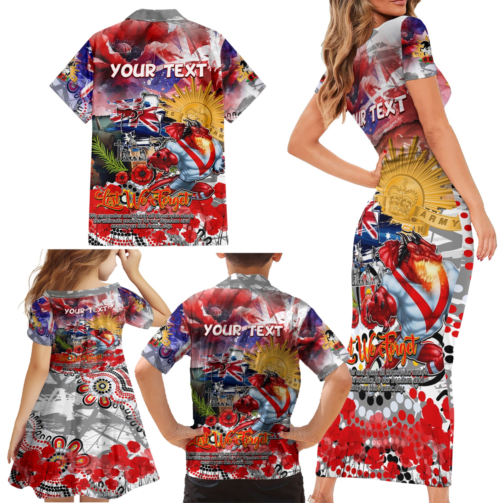 Personalised Australia Rugby Dragons ANZAC Family Matching Short Sleeve Bodycon Dress and Hawaiian Shirt St George Illawarra Scratch Style
