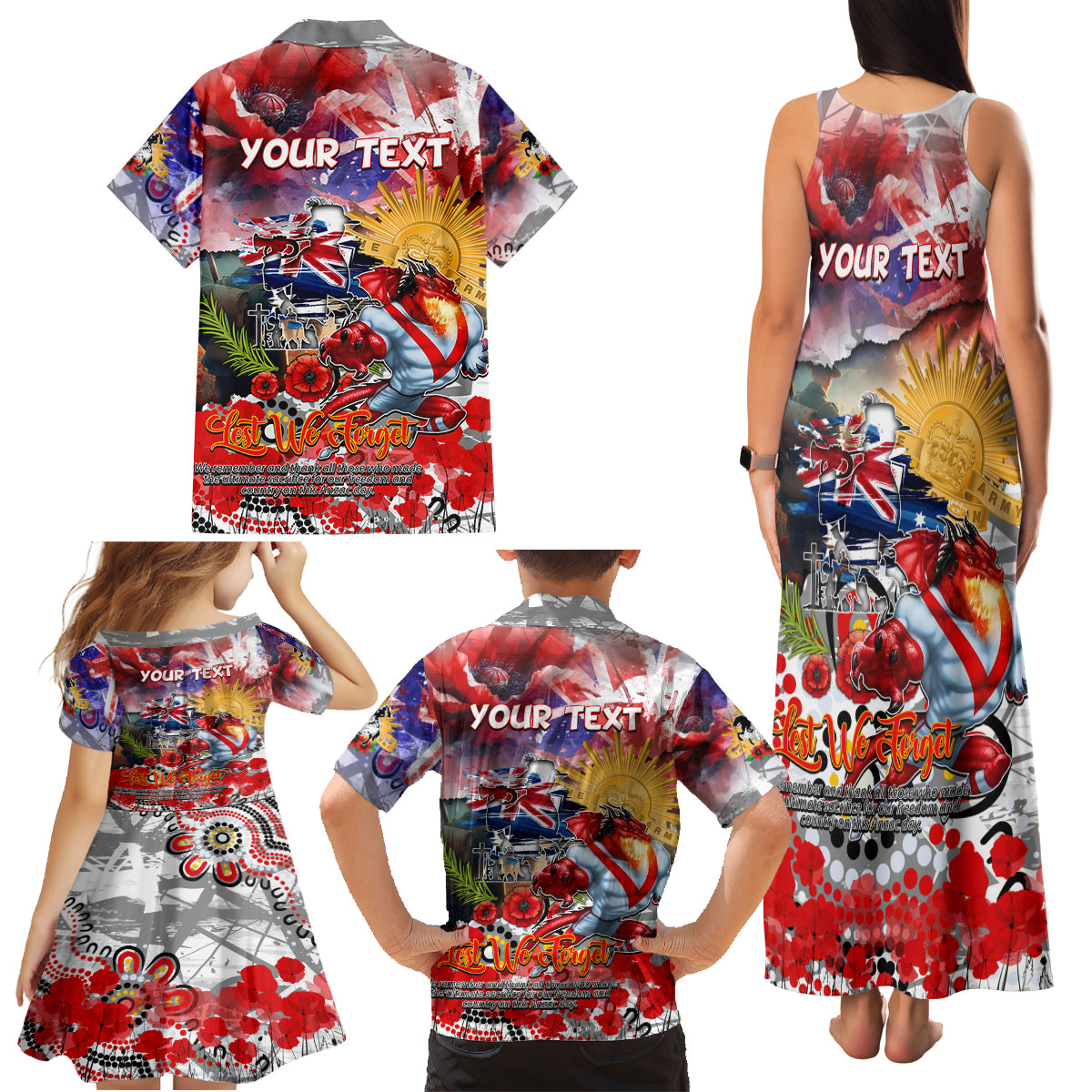 Personalised Australia Rugby Dragons ANZAC Family Matching Tank Maxi Dress and Hawaiian Shirt St George Illawarra Scratch Style