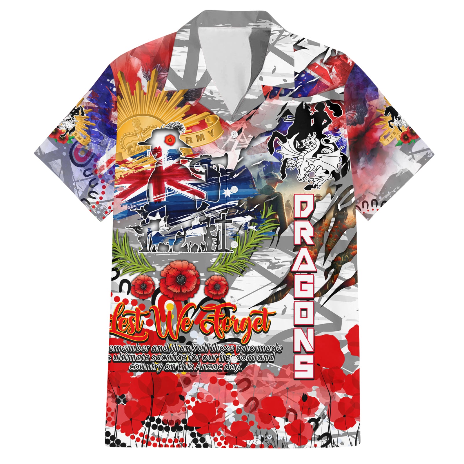 Personalised Australia Rugby Dragons ANZAC Hawaiian Shirt St George Illawarra Scratch Style - Vibe Hoodie Shop