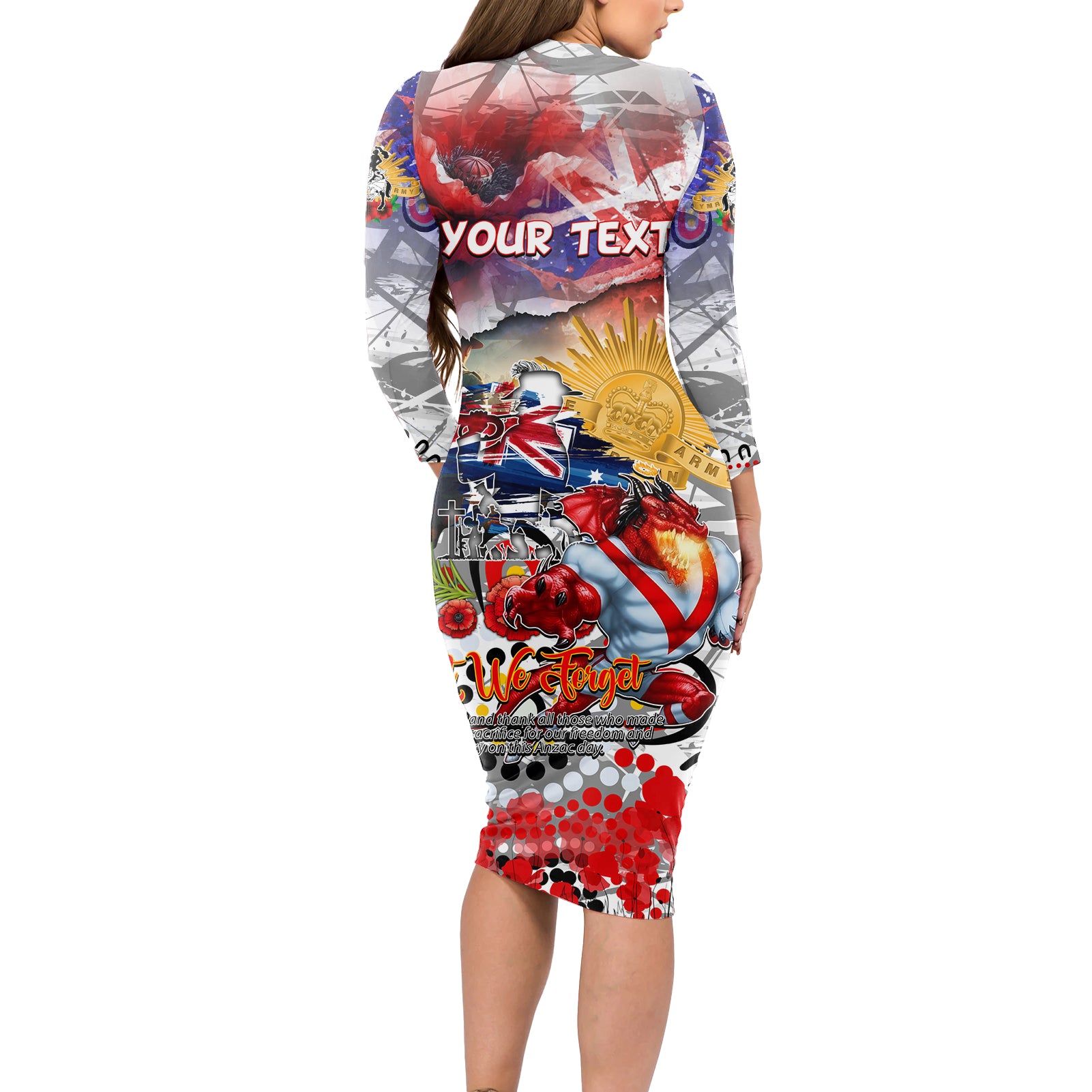 Personalised Australia Rugby Dragons ANZAC Long Sleeve Bodycon Dress St George Illawarra Scratch Style