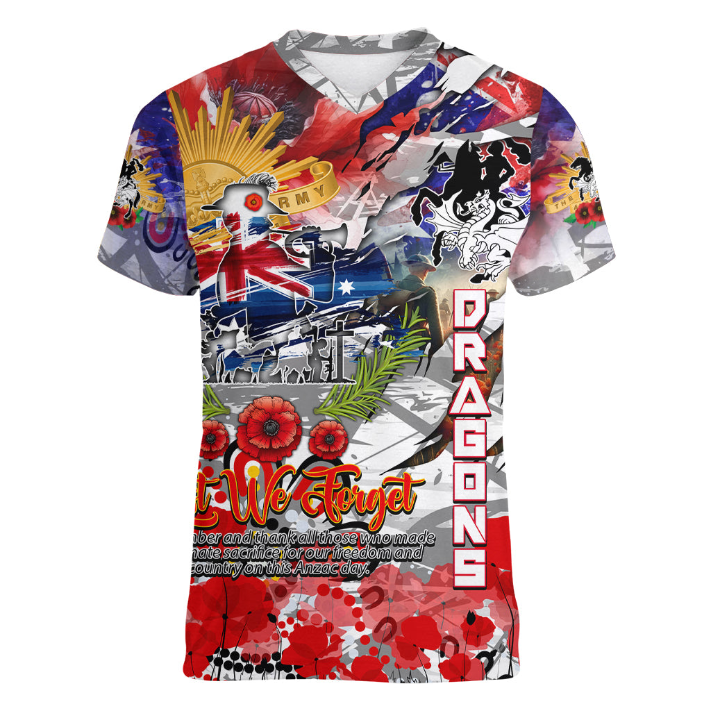 Personalised Australia Rugby Dragons ANZAC Women V Neck T Shirt St George Illawarra Scratch Style - Vibe Hoodie Shop