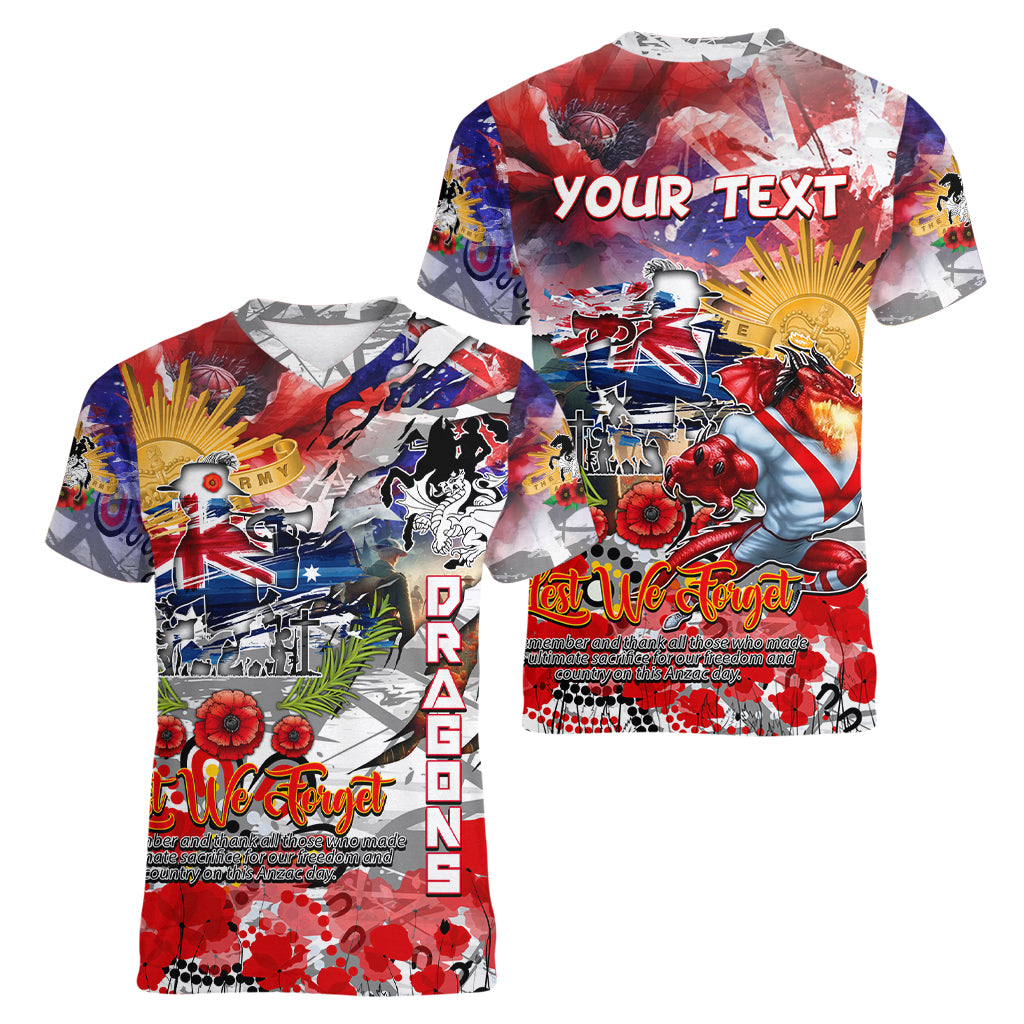Personalised Australia Rugby Dragons ANZAC Women V Neck T Shirt St George Illawarra Scratch Style - Vibe Hoodie Shop